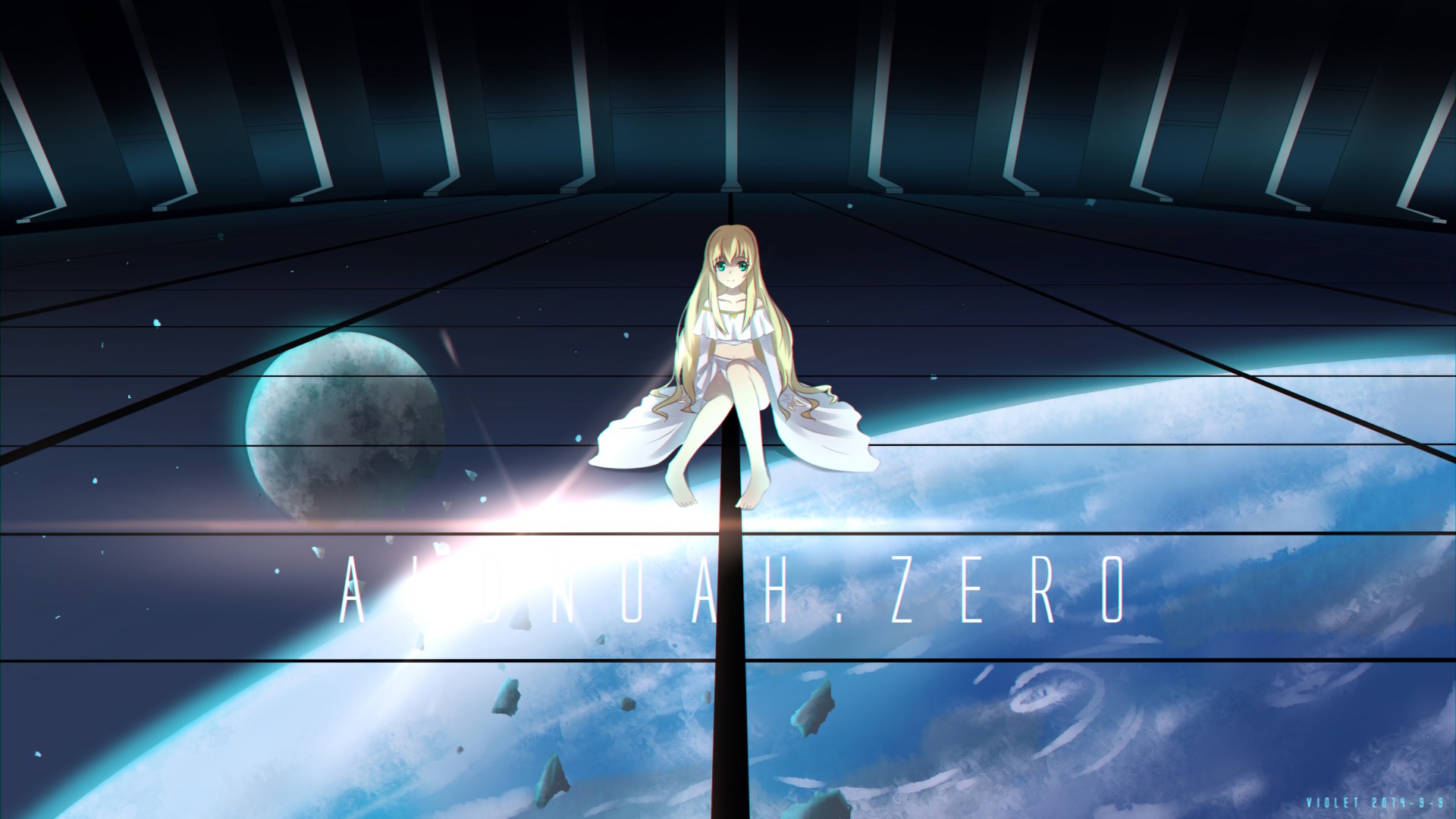Anime 1920x1080 Aldnoah.Zero Asseylum Vers Allusia anime anime girls legs barefoot blonde long hair sitting planet space