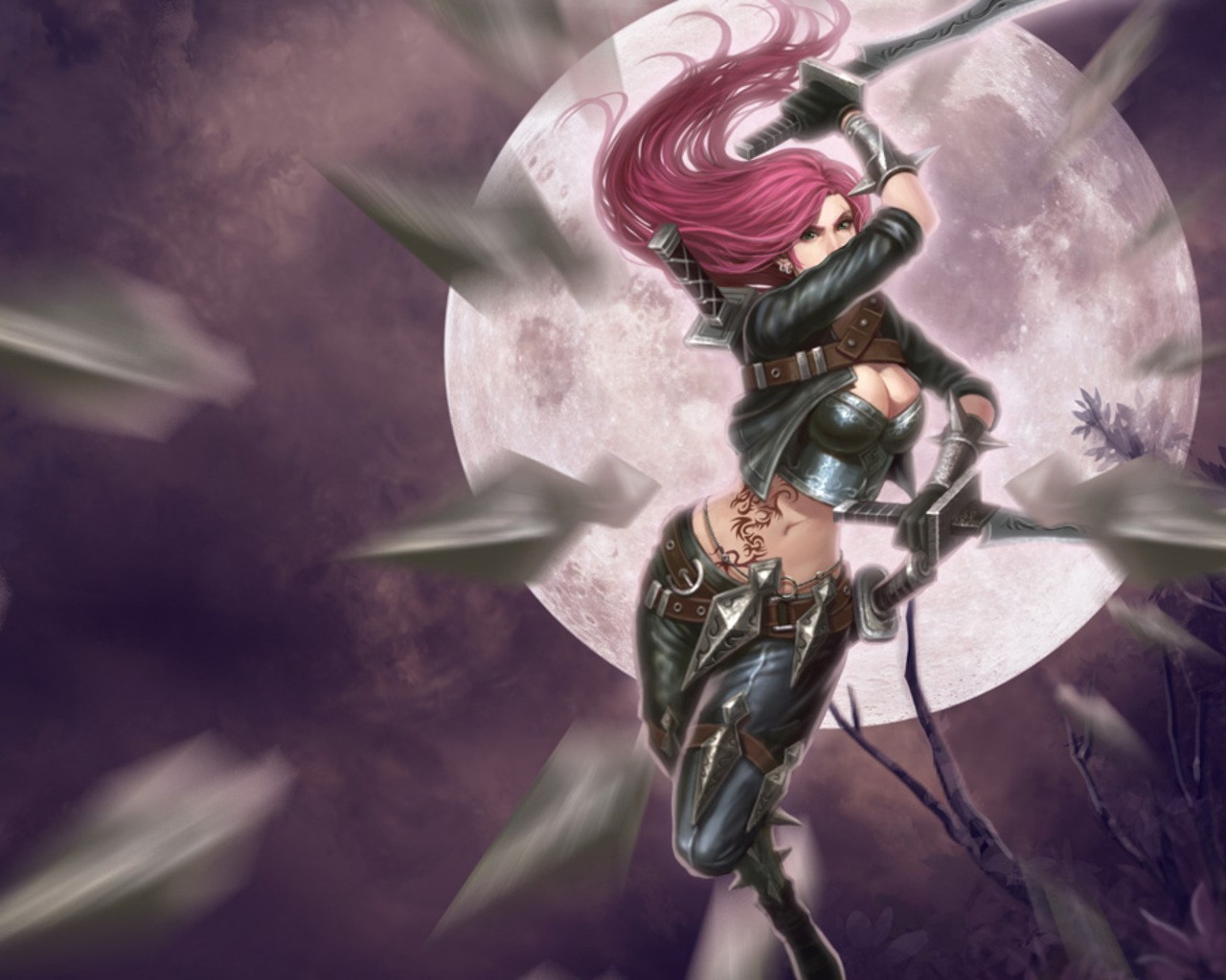 General 1280x1024 League of Legends fantasy girl PC gaming Katarina (League of Legends) video game art video game girls long hair Moon boobs belly women with swords sword warrior