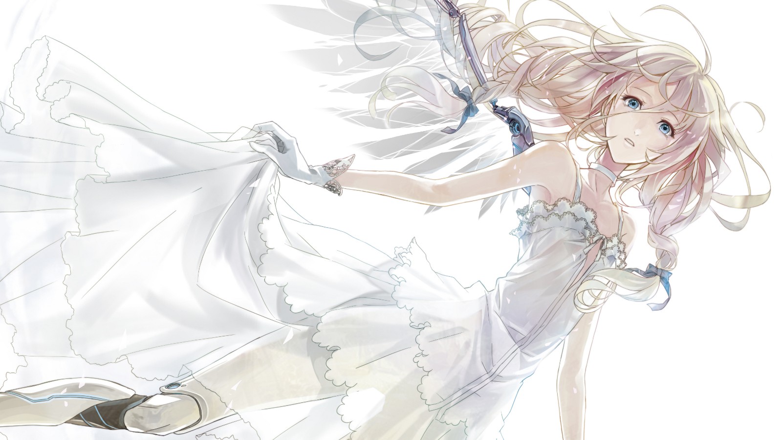 Anime 1600x900 Vocaloid IA (Vocaloid) wings long hair ribbon white dress anime girls anime fantasy art fantasy girl simple background white background looking at viewer