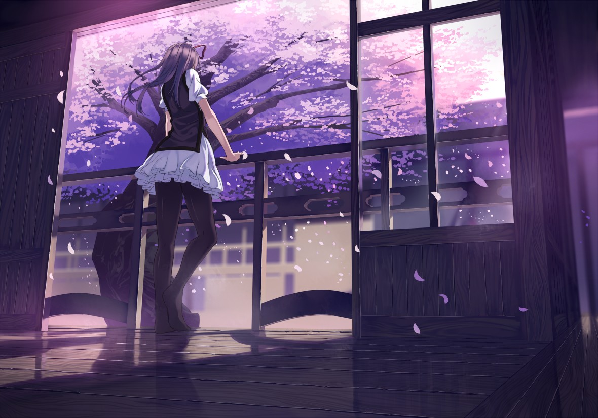 Anime 1180x825 Touhou cherry trees petals back long hair ribbon thighs anime girls anime purple standing