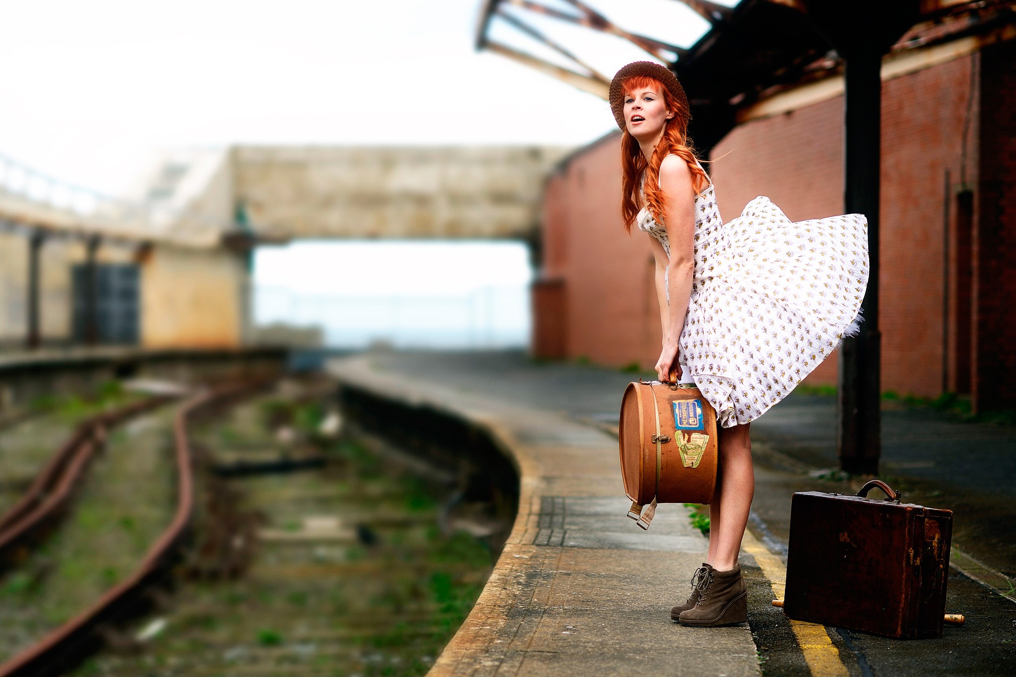 People 2048x1365 suitcase women train station model railway open mouth dress white dress white clothing wedge shoes hat women with hats standing urban women outdoors