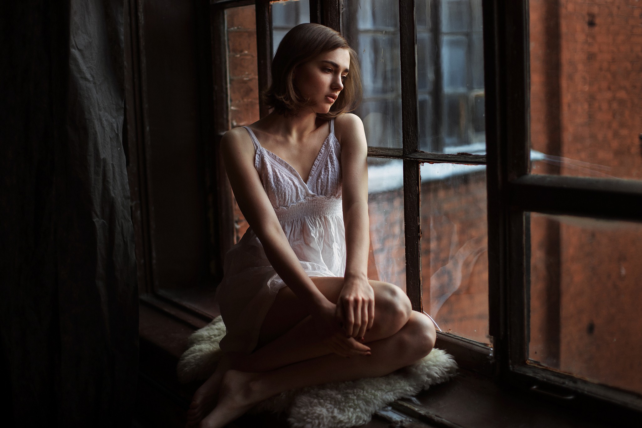 People 2048x1365 women white clothing brunette window Evgeniy Reshetov looking out window knees together women indoors indoors model barefoot nightgown