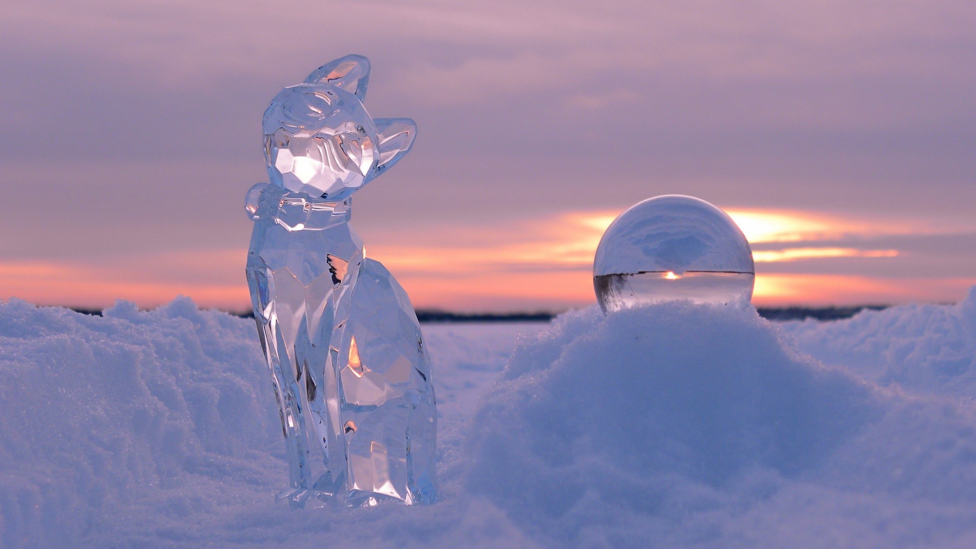 General 1920x1080 nature cats kittens ball sphere winter snow sunset clouds crystal  reflection ice glass depth of field