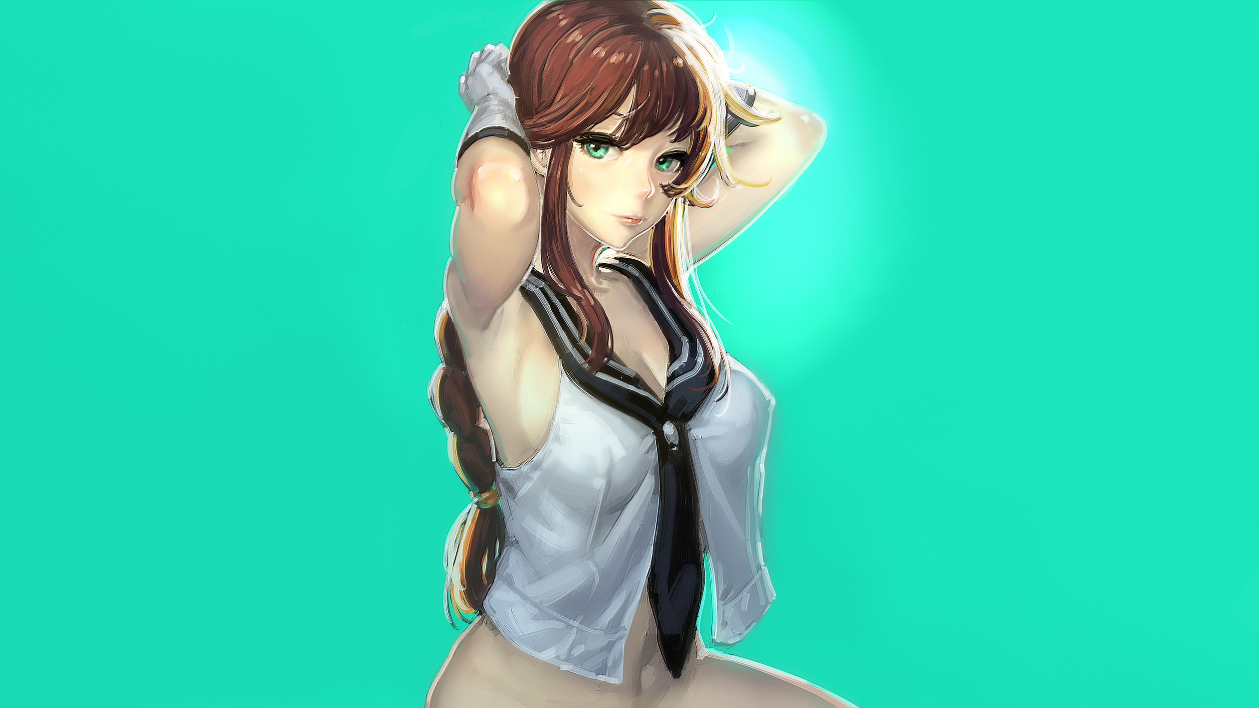 Anime 2510x1412 armpits anime anime girls open shirt cyan background cyan women tie simple background green eyes long hair brunette belly looking at viewer