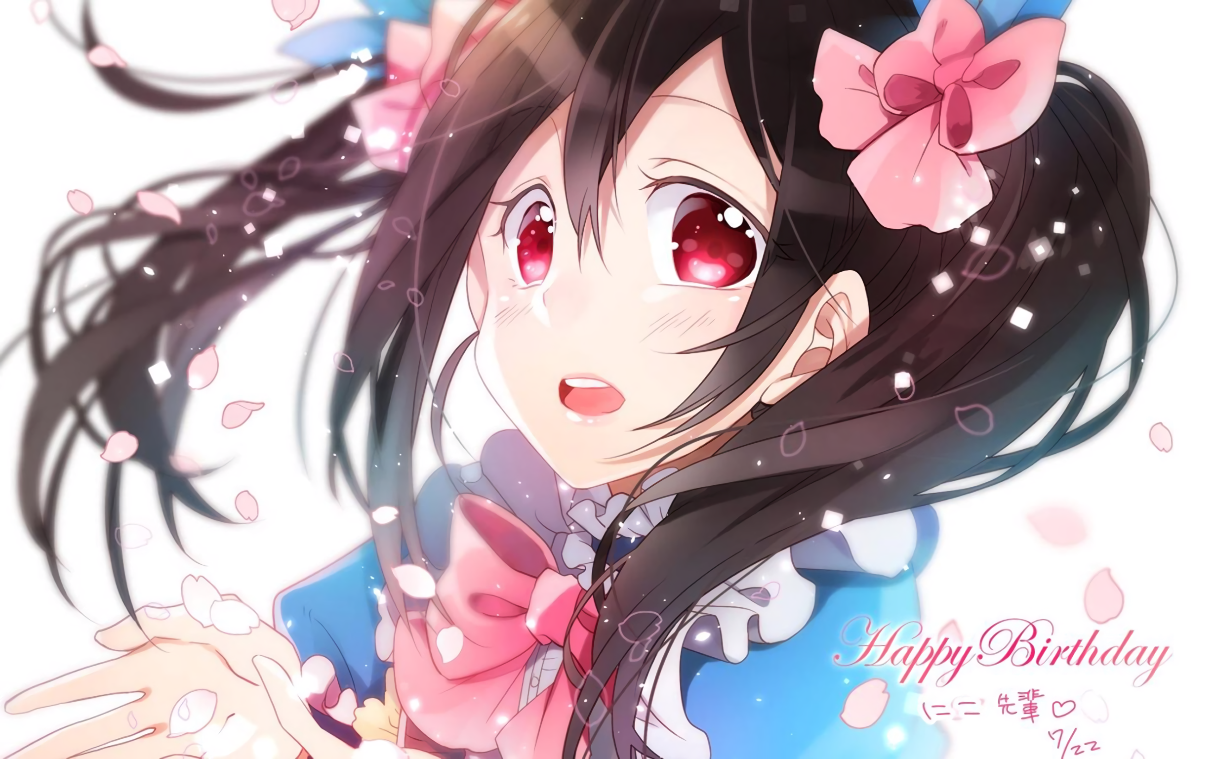 Anime 2458x1536 Love Live! Yazawa Nico twintails red eyes anime anime girls bow tie open mouth brunette face closeup birthday