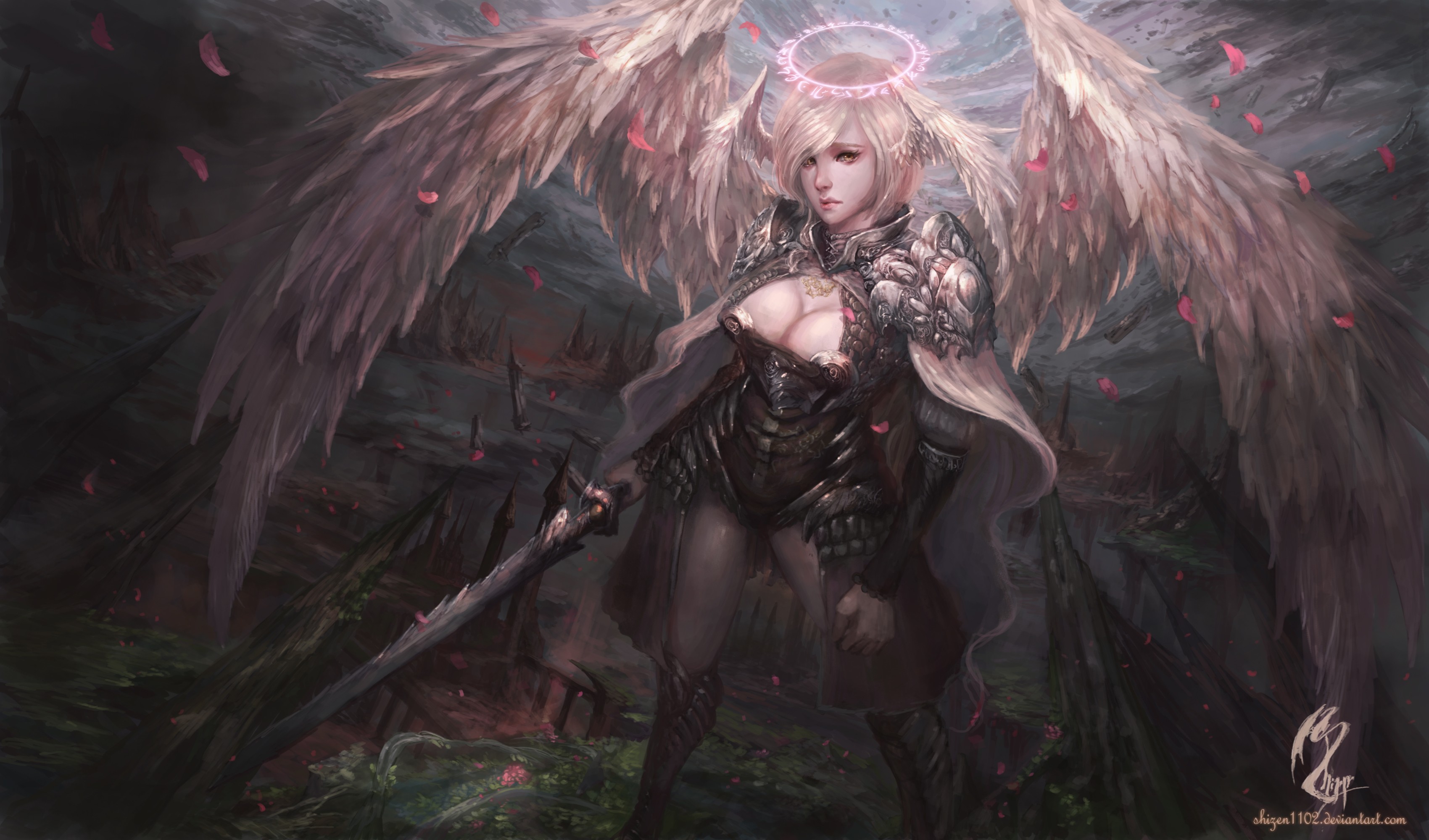 General 3400x2000 fantasy art angel sword artwork warrior women boobs women with swords fantasy girl