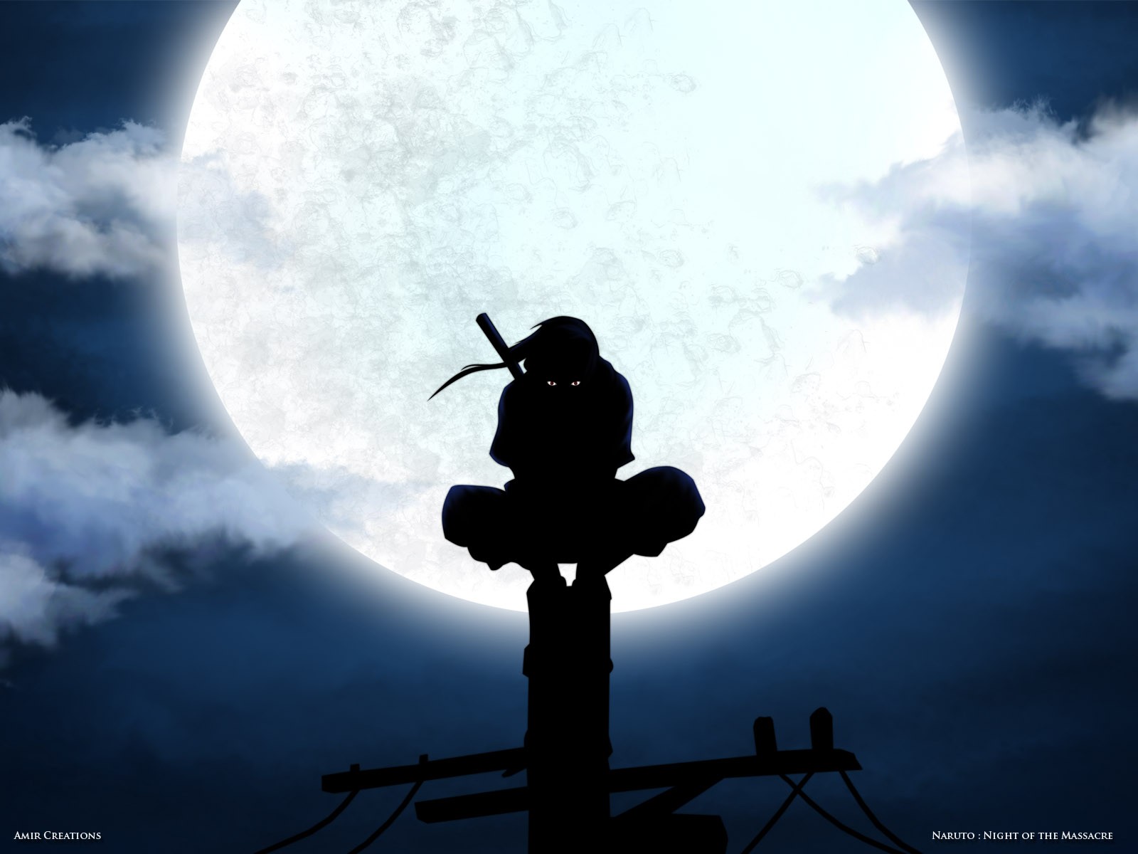 Anime 1600x1200 Naruto Shippuden Uchiha Itachi ANBU silhouette Moon power lines anime eyes sky night dark