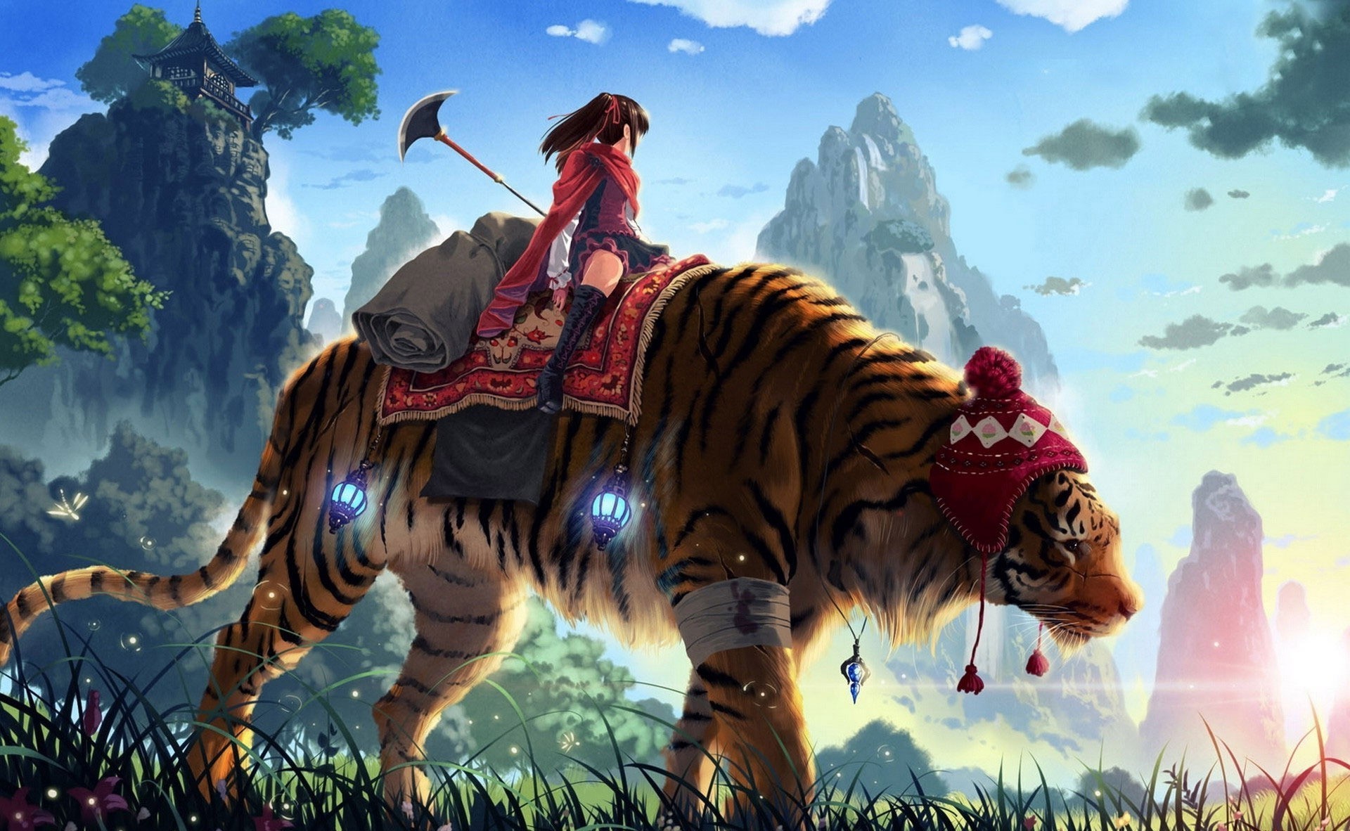 Anime 1920x1182 anime girls anime fantasy girl tiger animals mammals big cats fantasy art