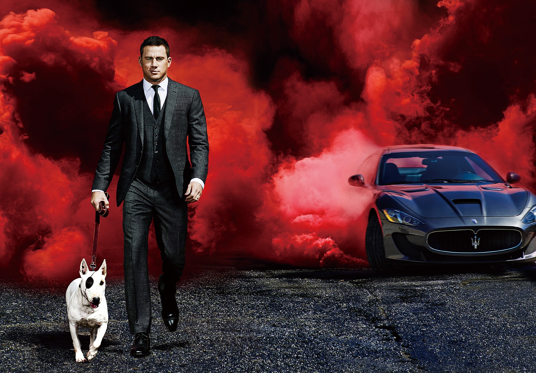 People 1802x1253 Channing Tatum dog Maserati car men animals suits smoke vehicle actor Maserati GranTurismo
