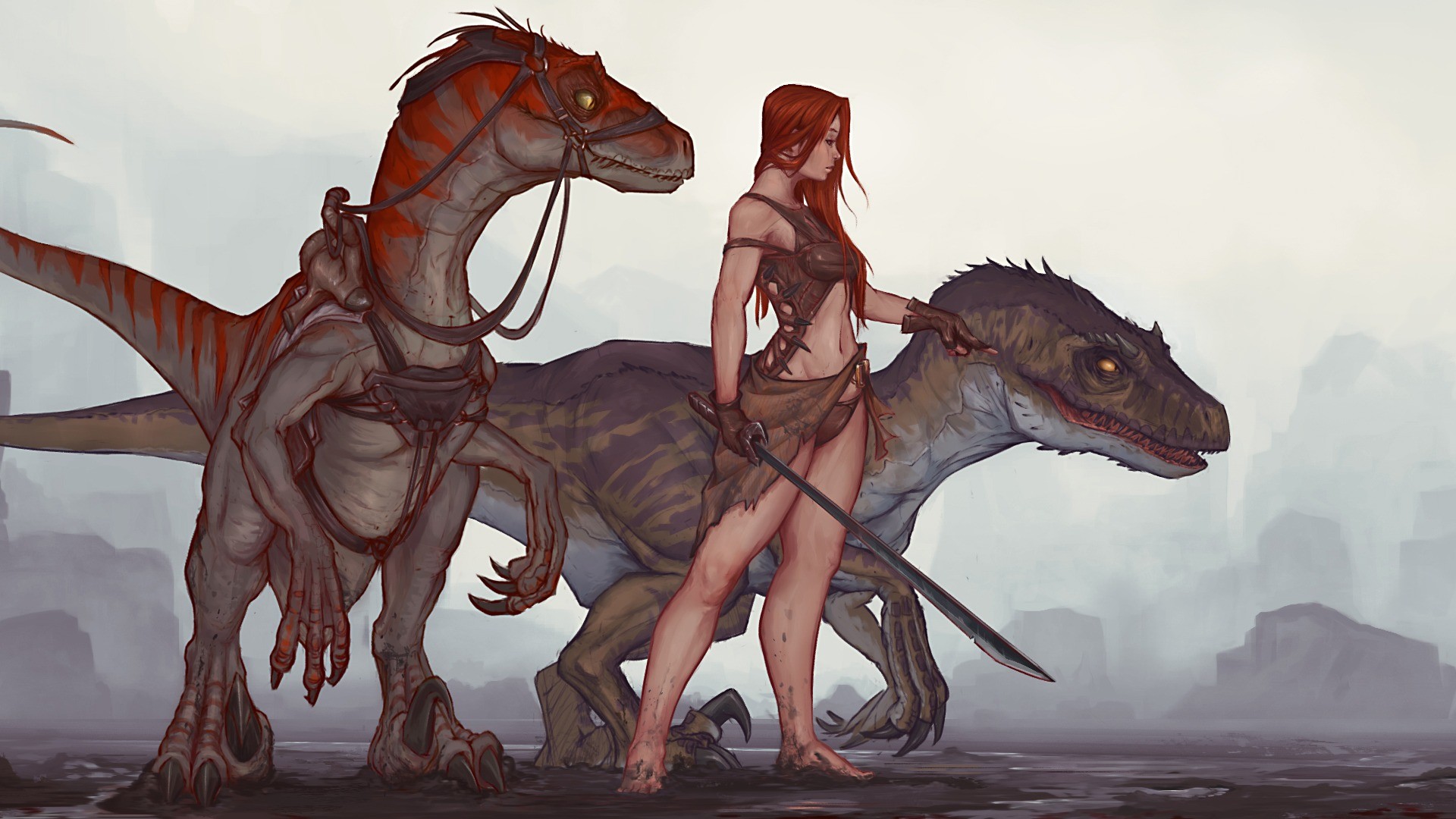 General 1920x1080 raptor Ark: Survival Evolved women dinosaurs velociraptors PC gaming women with swords animals video games video game girls video game art redhead belly barefoot