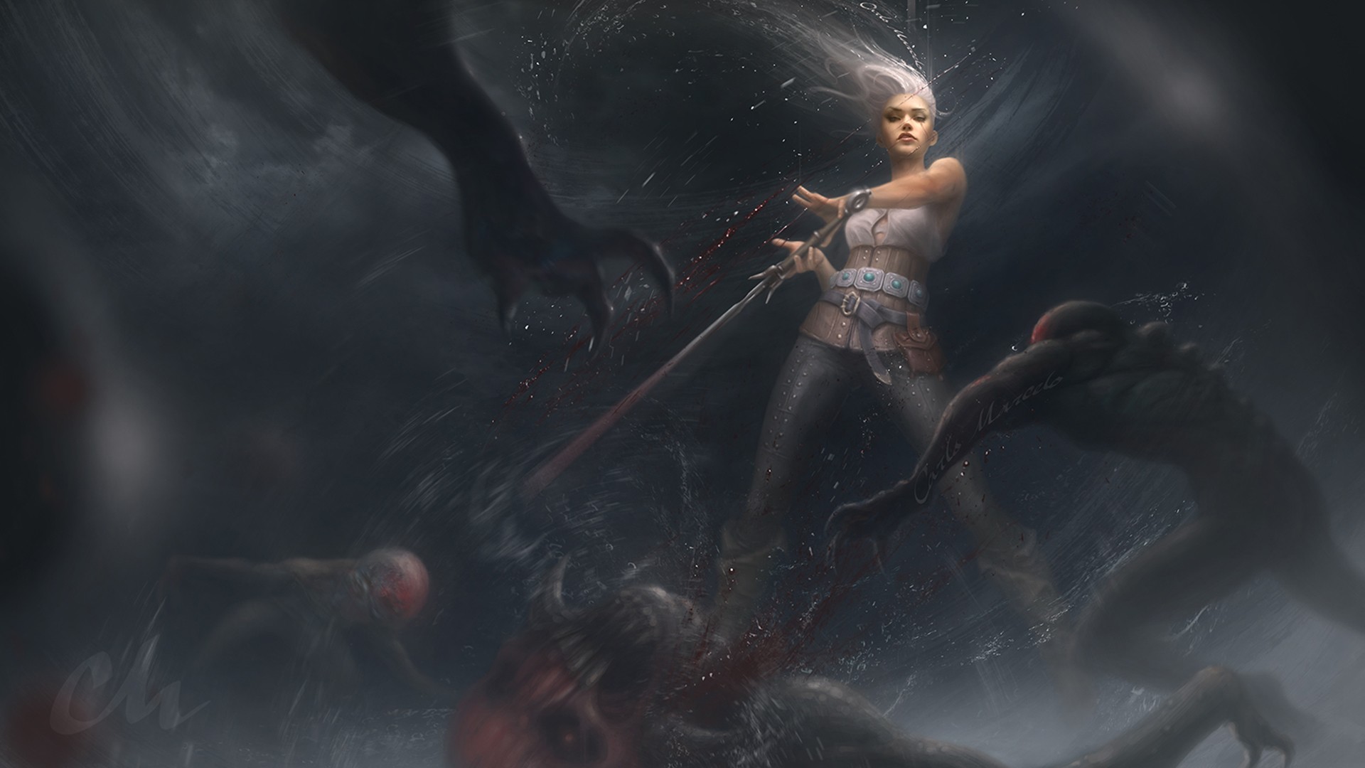 General 1920x1080 The Witcher 3: Wild Hunt video games Cirilla Fiona Elen Riannon The Witcher fantasy girl fan art PC gaming blood women with swords video game girls video game characters sword low-angle
