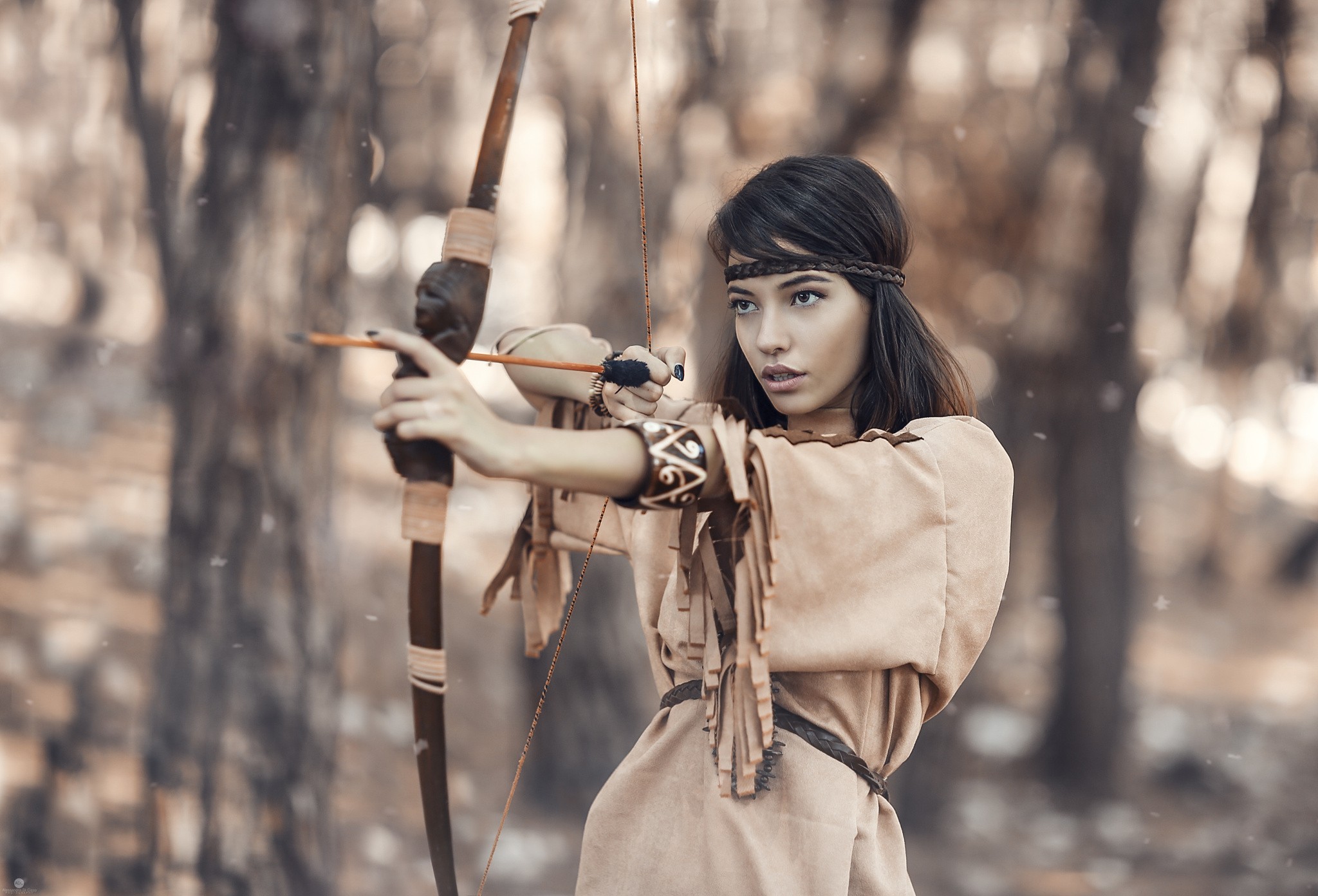 People 2048x1392 women photography bow and arrow archery Alessandro Di Cicco hairband bow arrows aiming dark hair makeup painted nails black nails women outdoors outdoors model