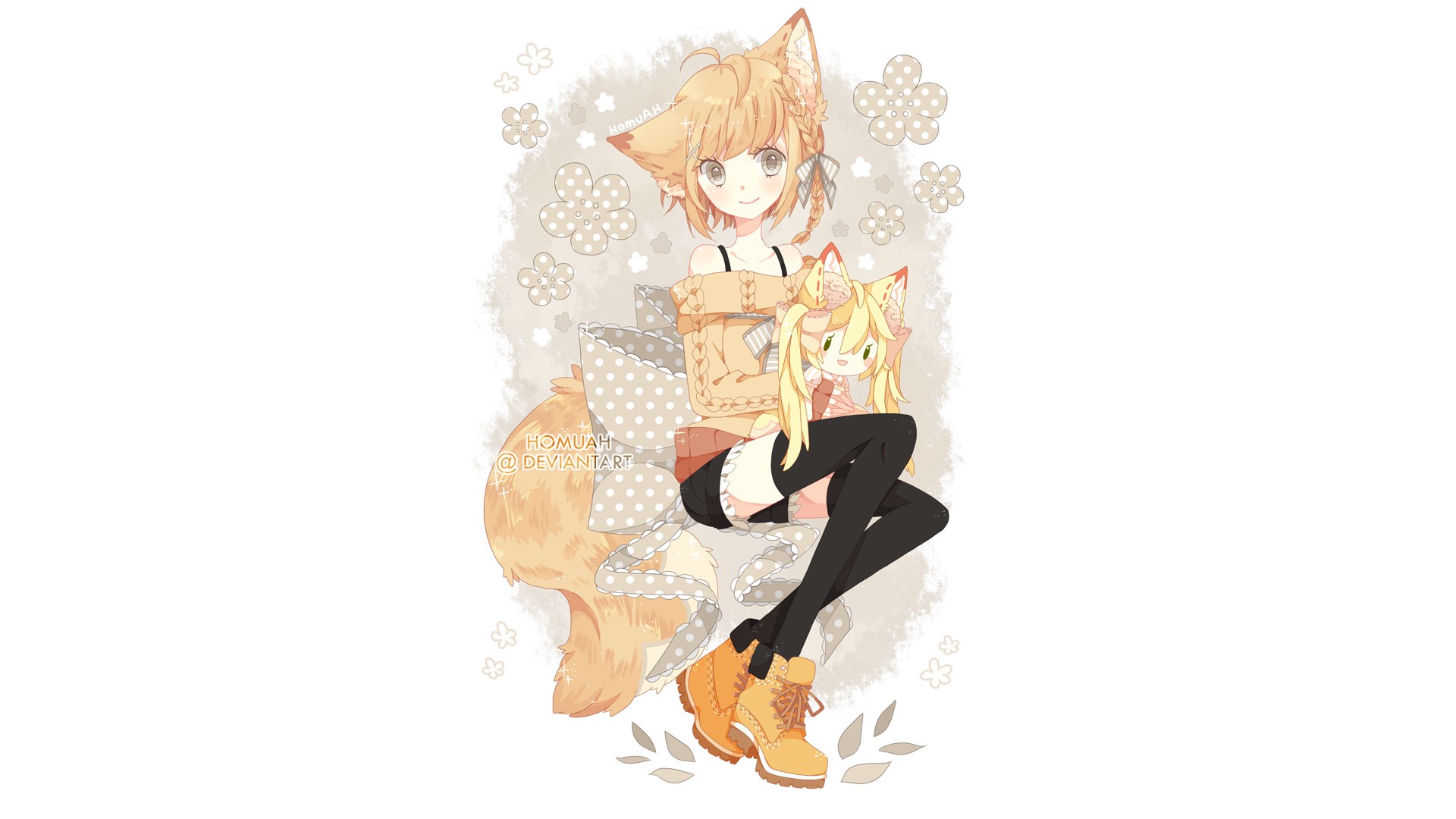 Anime 1920x1080 cat girl blonde original characters thigh-highs anime DeviantArt puppets stockings boots animal ears anime girls white background