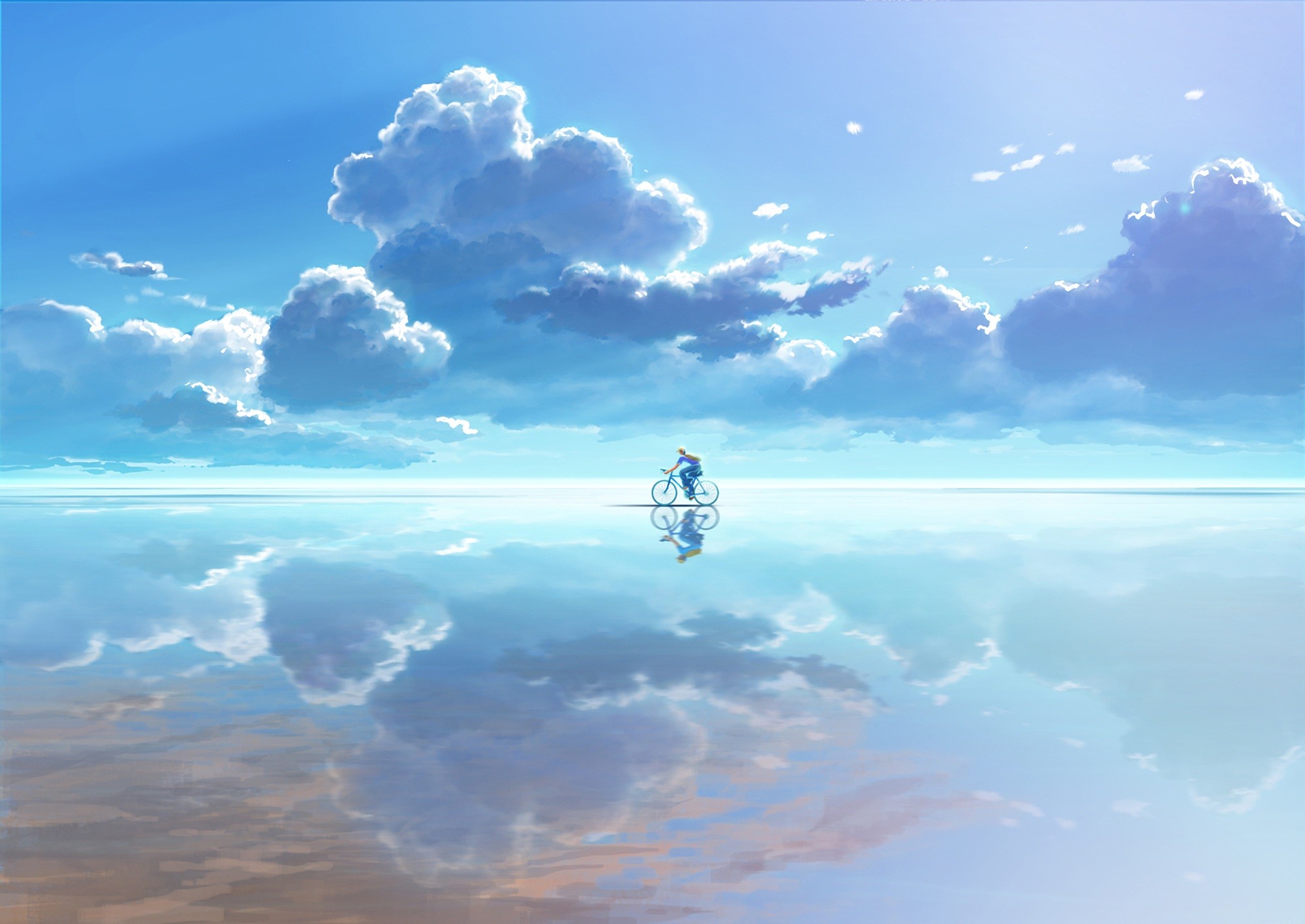 Anime 2000x1416 reflection sky bicycle vehicle clouds anime