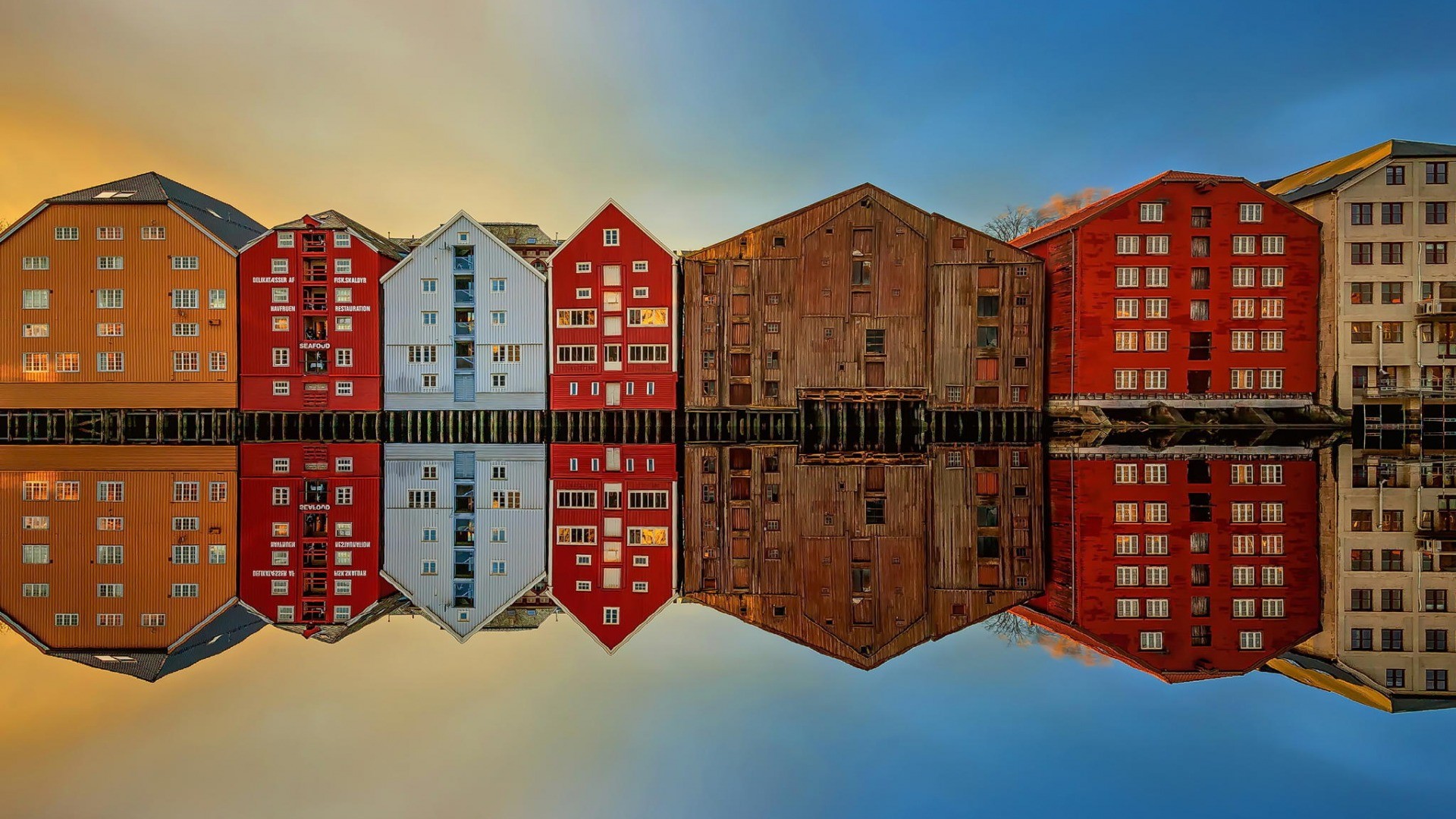 General 1920x1080 reflection building Trondheim river Norway water