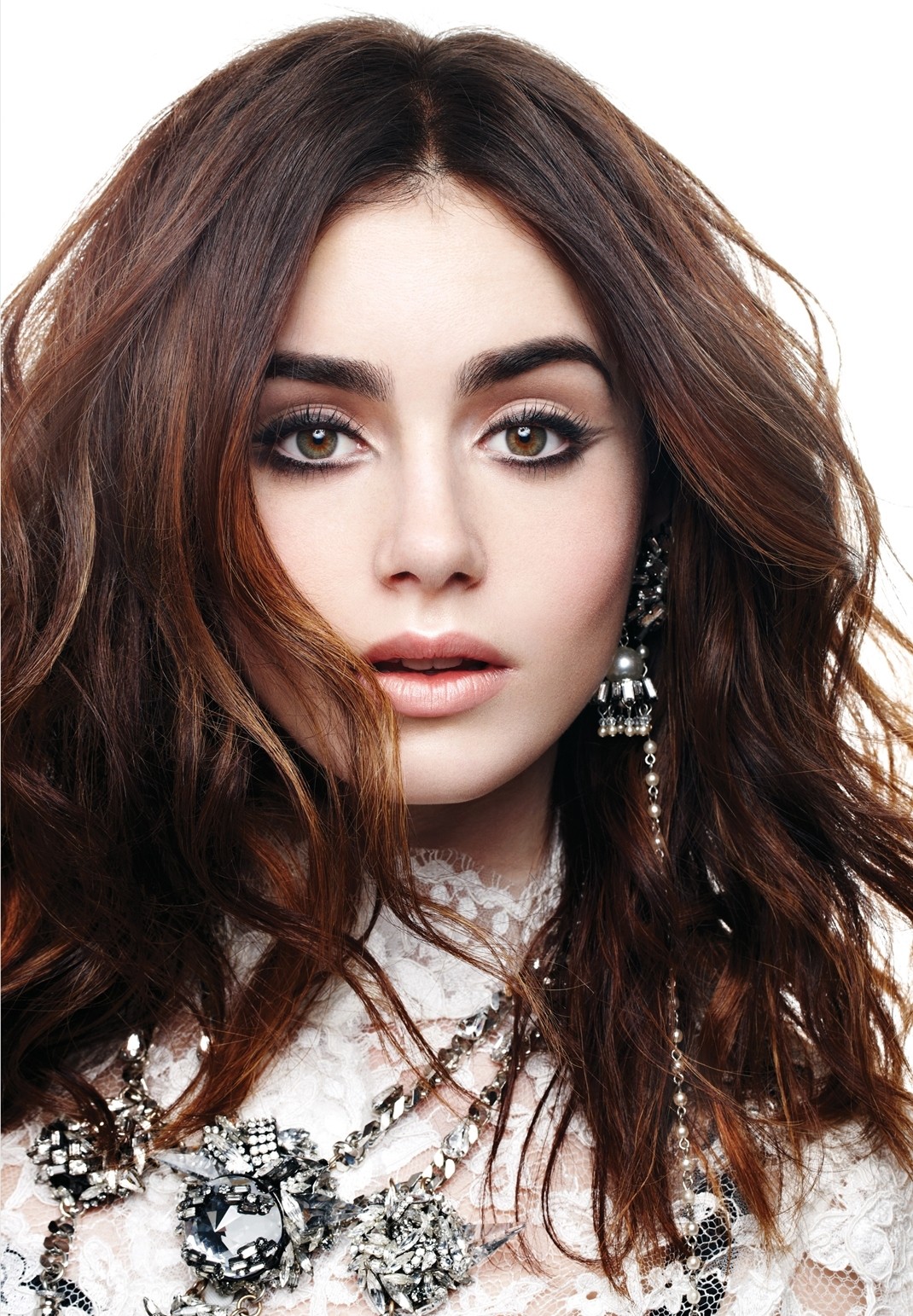 People 1070x1543 women model brunette long hair looking at viewer face portrait brown eyes actress makeup portrait display jewels jewelry Lily Collins closeup studio simple background