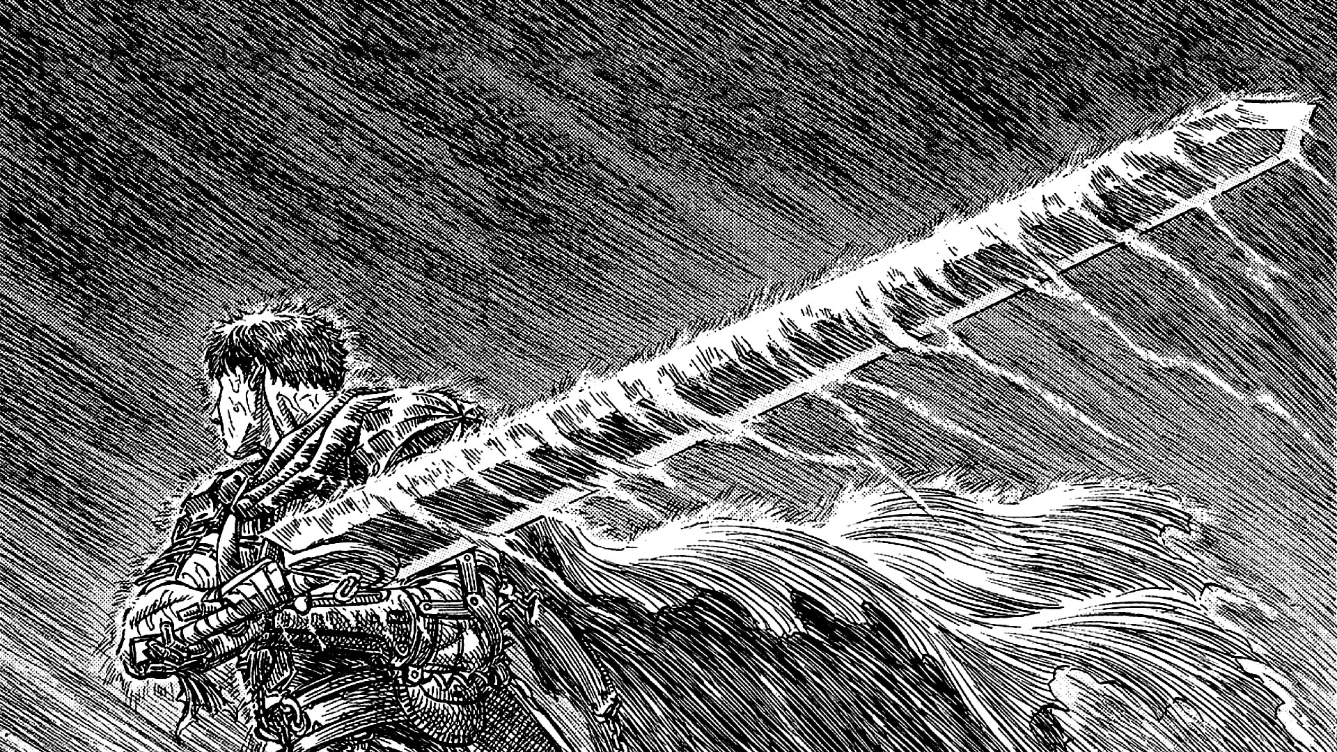 Anime 1920x1080 Kentaro Miura Berserk Guts manga anime fantasy art monochrome sword anime men