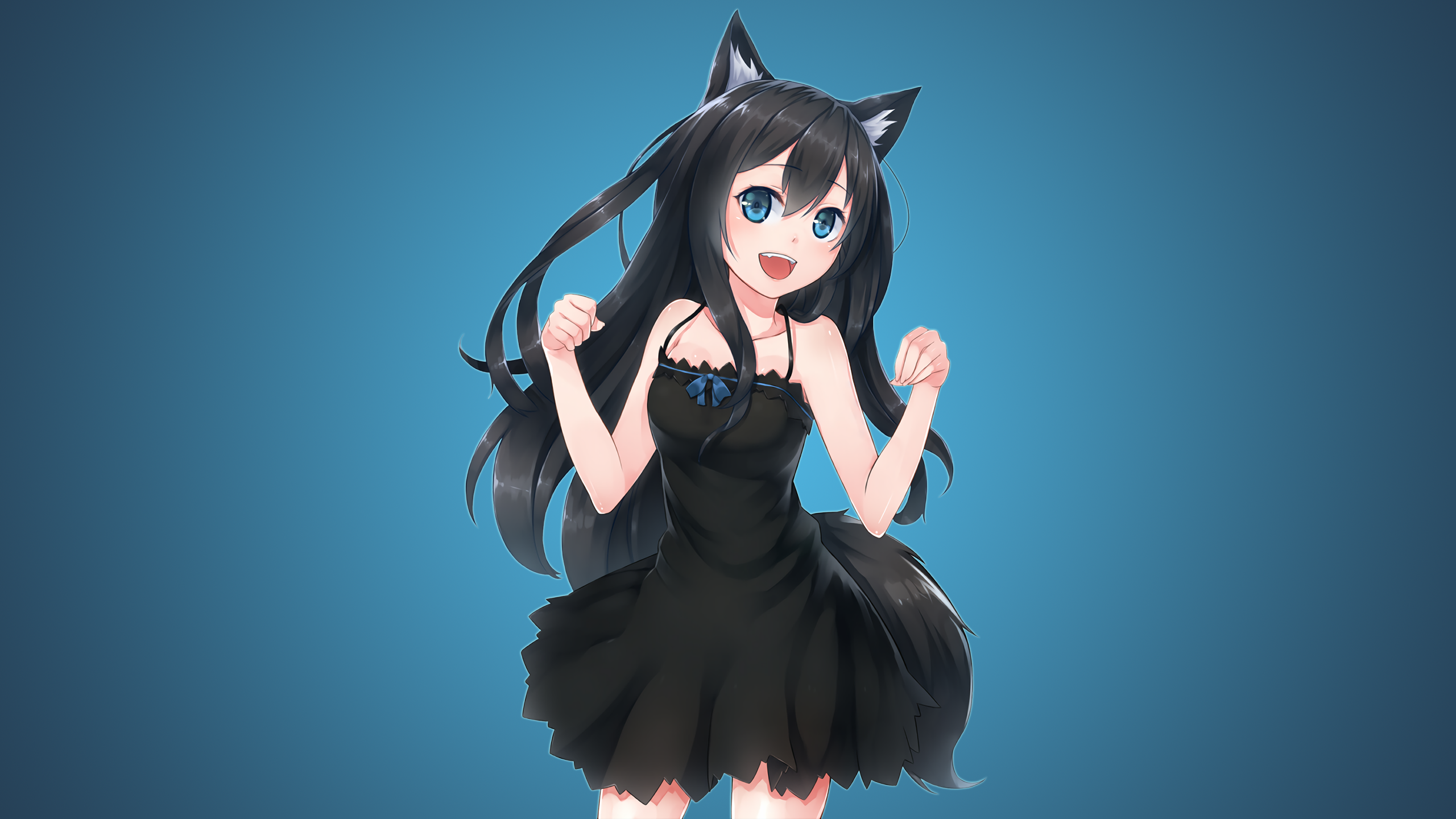 Anime 2560x1440 anime anime girls cat girl animal ears dress original characters blue background simple background black hair black dress black clothing blue eyes open mouth