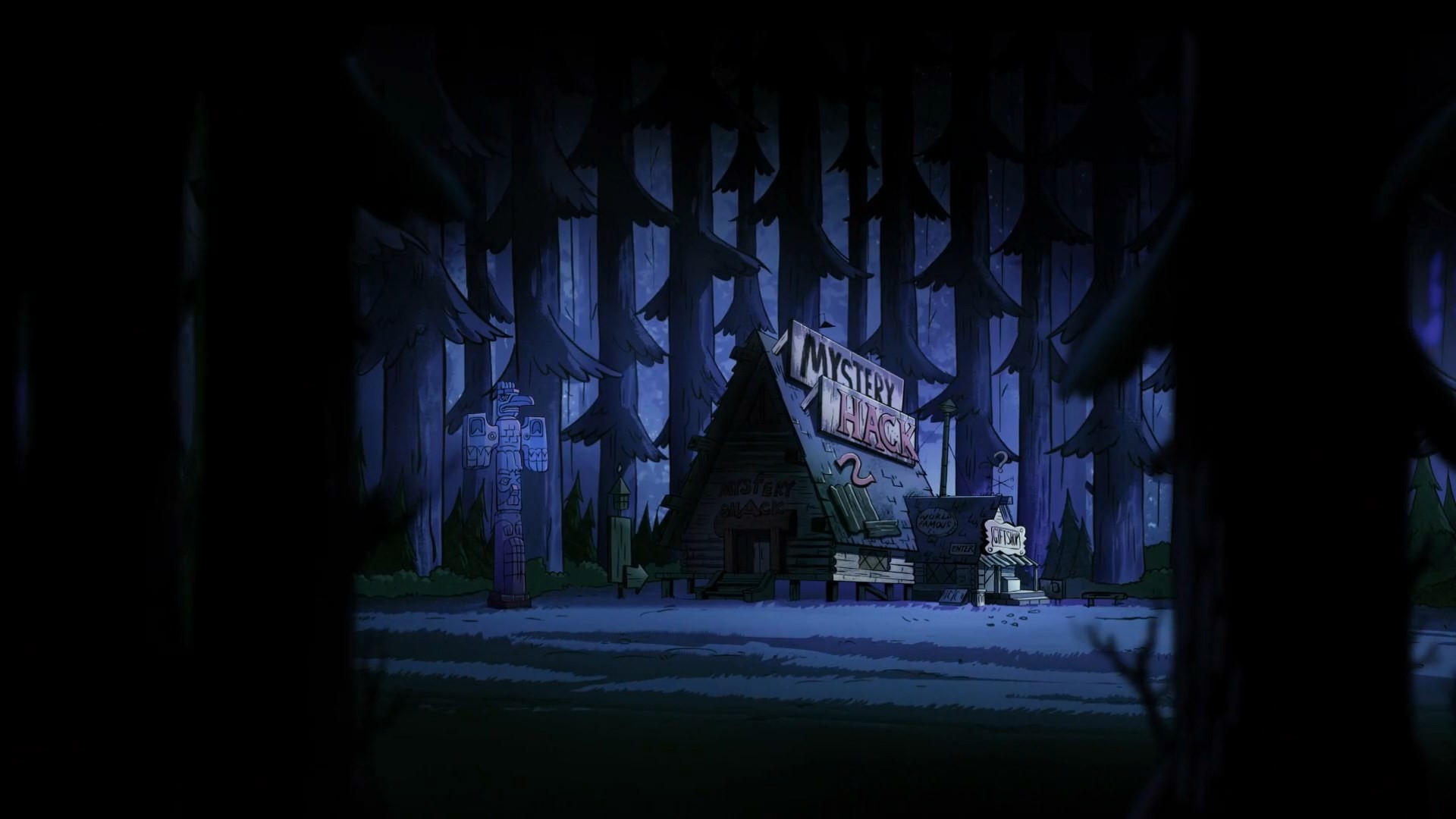 General 1920x1080 Gravity Falls cartoon trees dark forest shack night TV series digital art low light