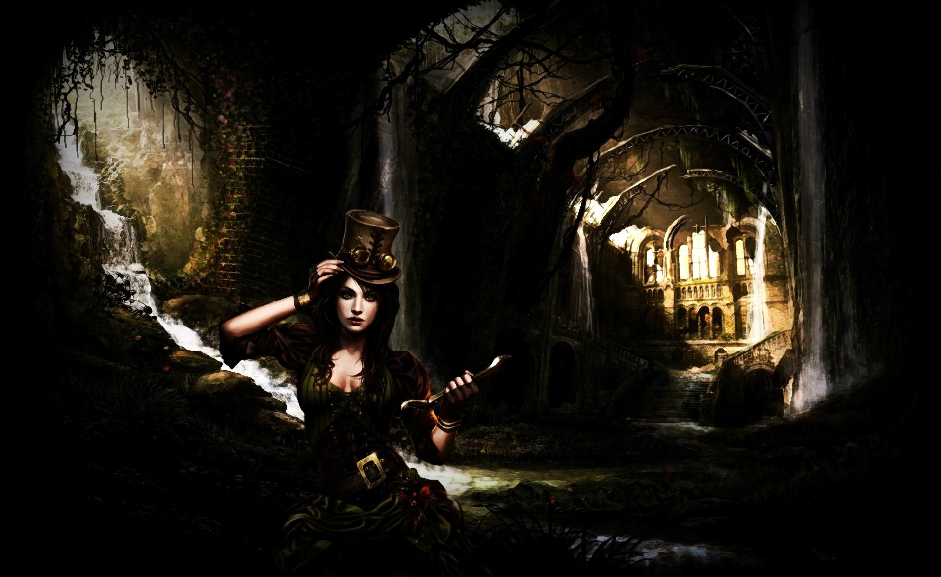 General 1918x1177 fantasy art artwork steampunk women hat dark ruins women with hats