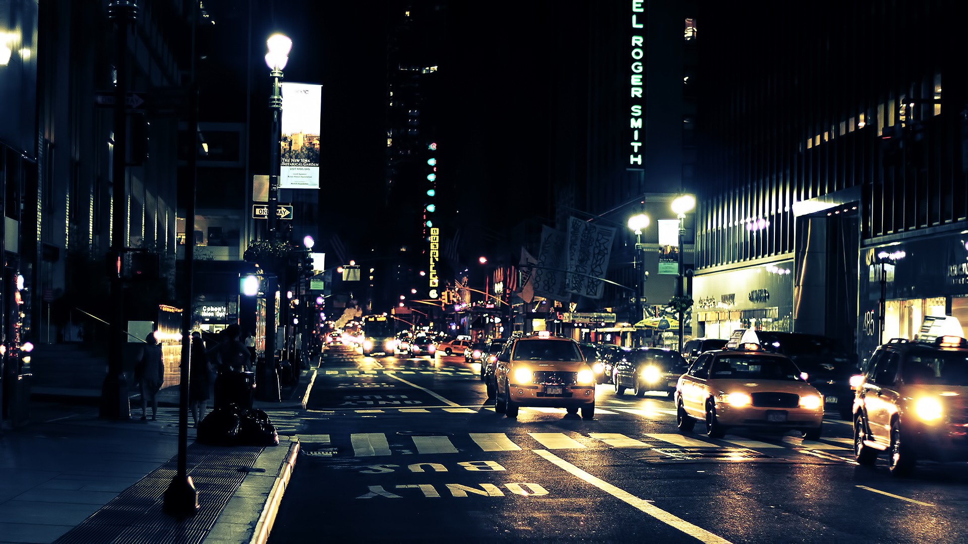 General 1920x1080 night New York City city lights traffic lights street USA traffic taxi