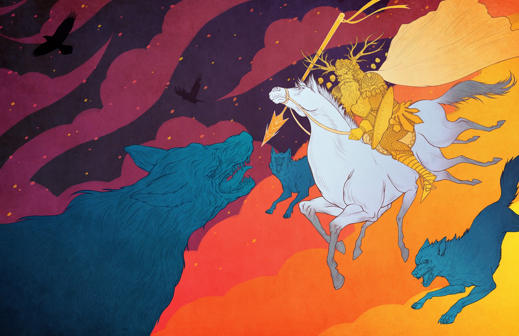 General 1680x1087 mythology wolf clouds horse Odin Huginn Muninn Sleipnir Fenris Gungnir horse riding colorful myth fantasy art artwork
