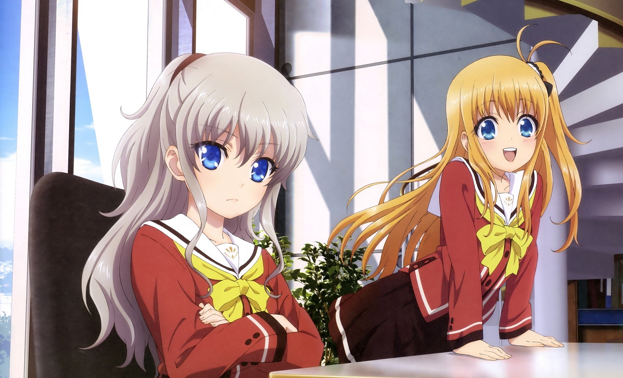 Anime 2157x1309 anime girls anime Charlotte (anime) Tomori Nao two women blue eyes blonde women indoors arms crossed open mouth long hair
