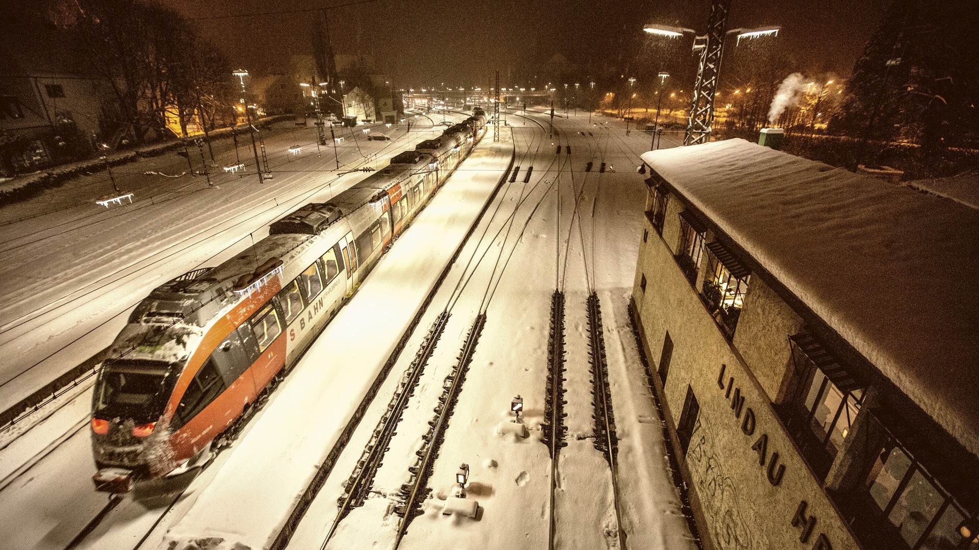 General 1920x1080 train railway rail yard vehicle winter cold snow ice outdoors Lindau (Germany) Germany train station