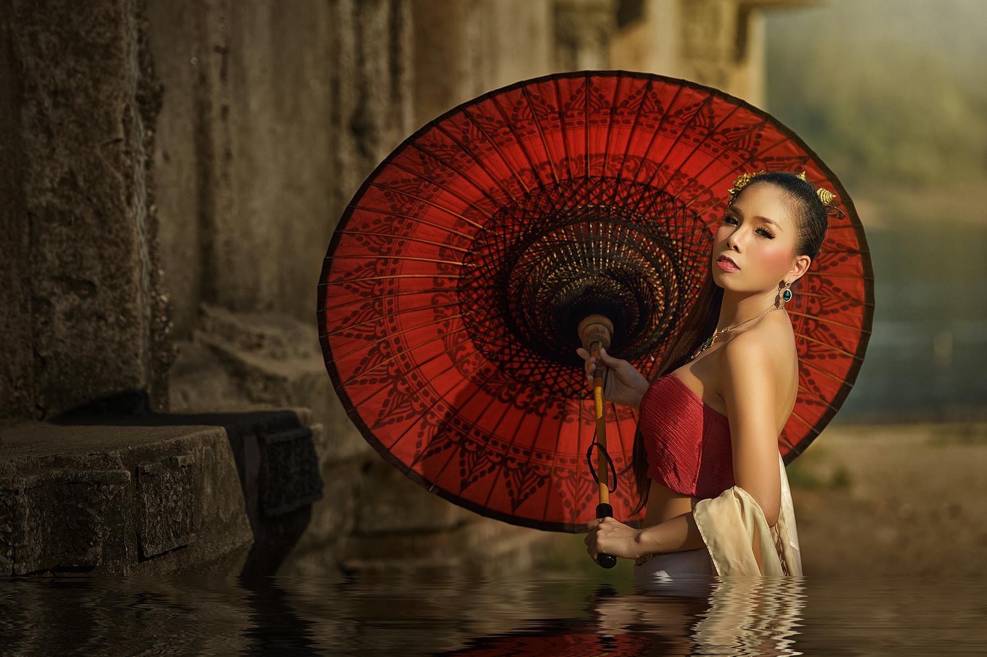 People 2000x1331 Asian parasol women brunette red tops bare shoulders strapless dress looking at viewer in water Asia women with umbrella umbrella water makeup model