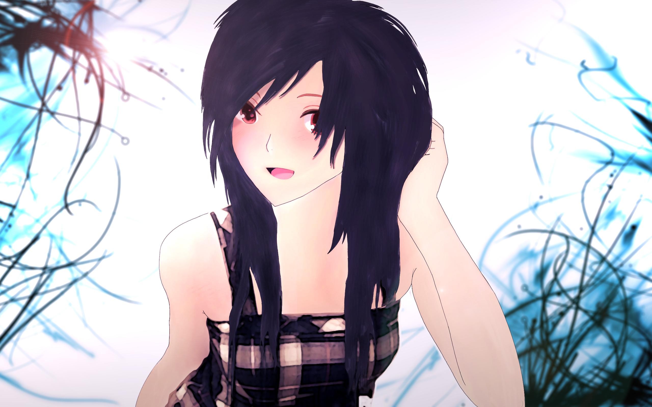Anime 2560x1600 anime anime girls dark hair open mouth face red eyes white background simple background shapes swirls portrait long hair