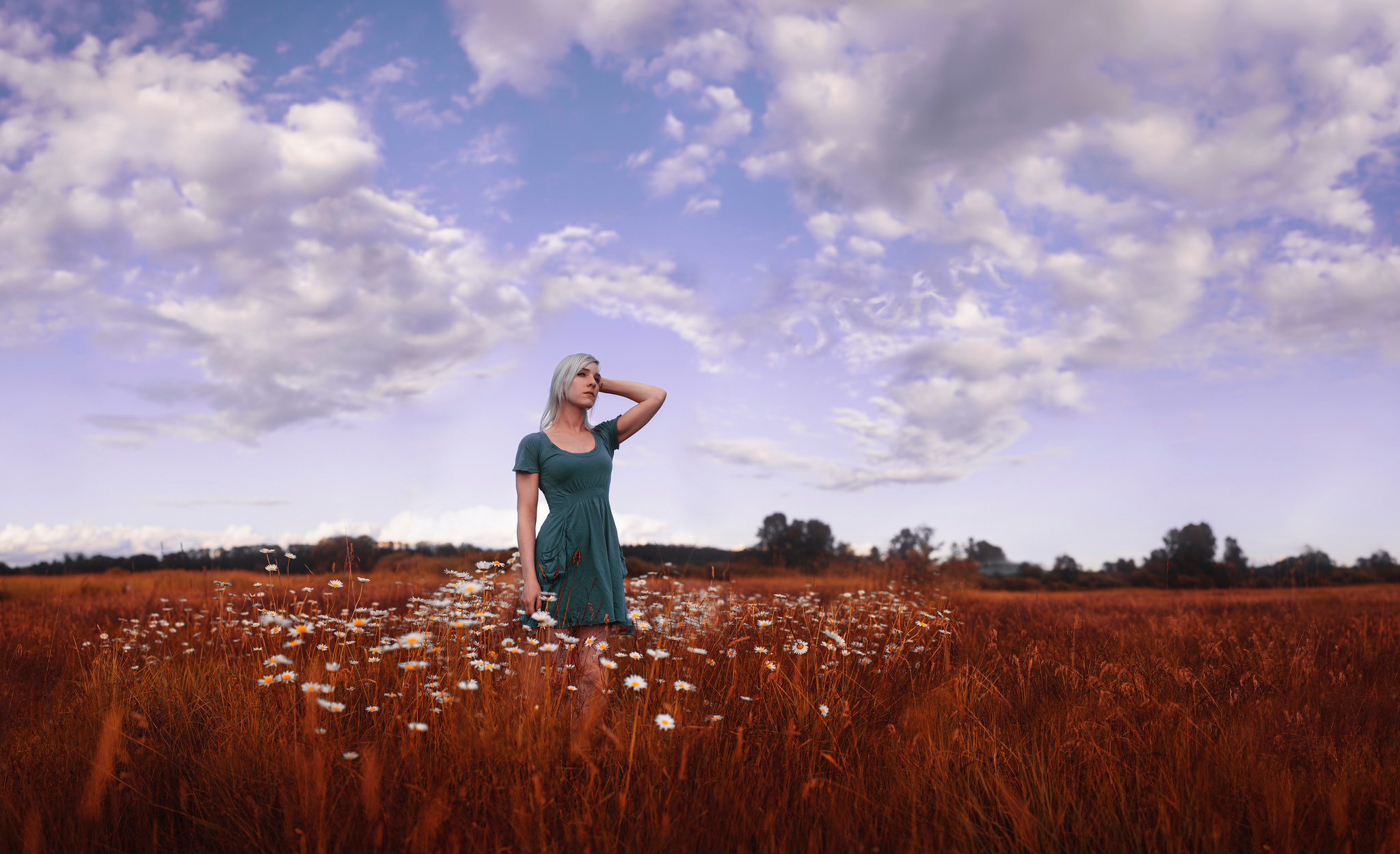 People 2048x1249 women field flowers sky clouds dress women outdoors model plants outdoors looking into the distance