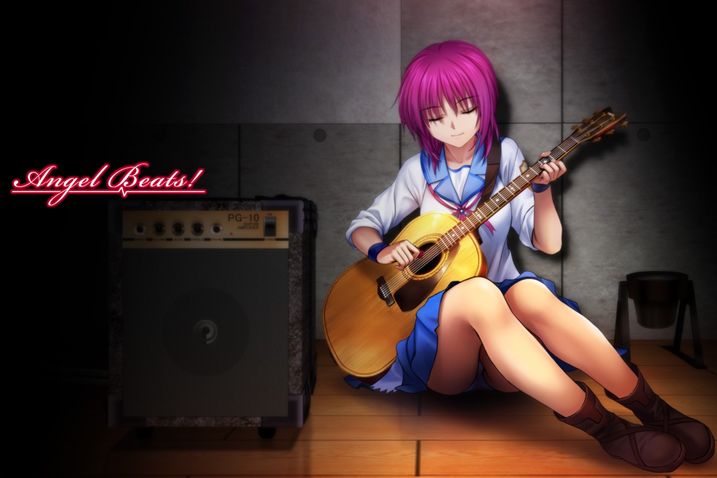 Anime 1440x960 Angel Beats! Iwasawa Masami upskirt school uniform guitar anime closed eyes musical instrument audio-technica legs sitting women indoors music