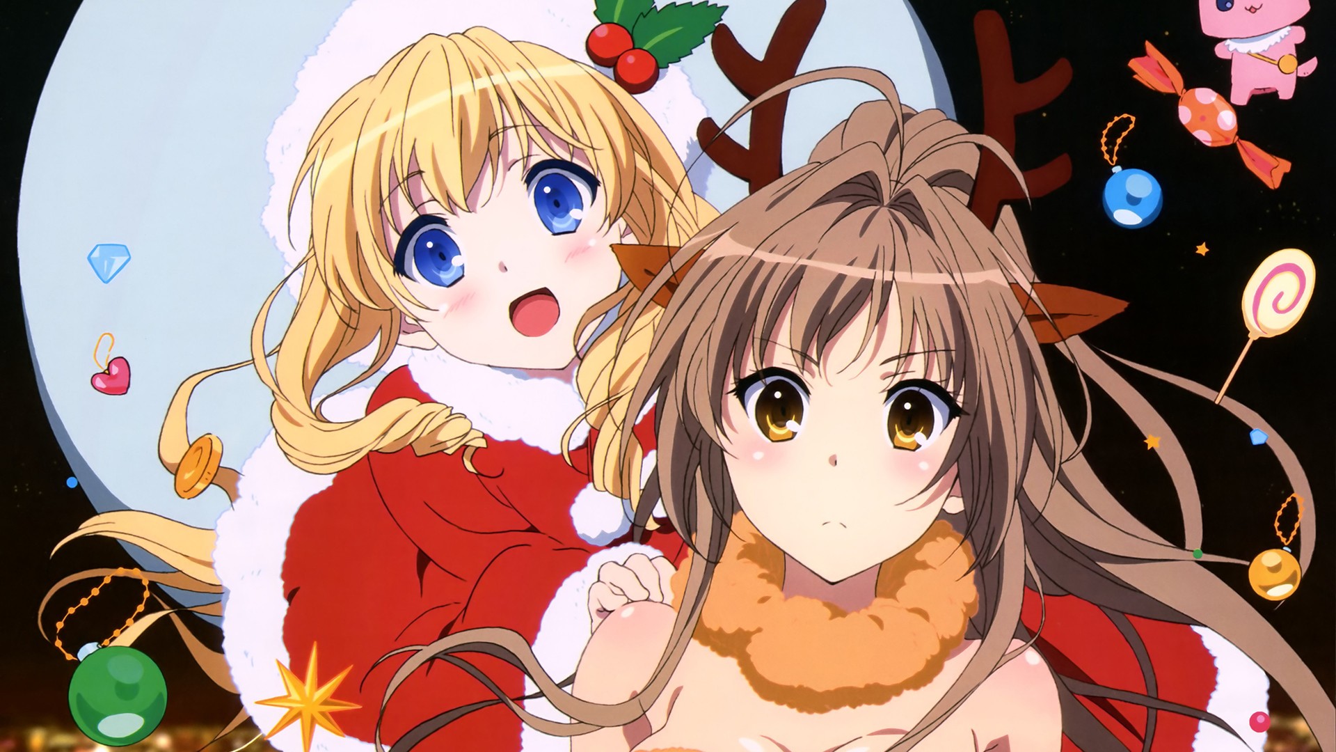 Anime 1920x1080 Fleuranza Latifa Sento Isuzu Amagi Brilliant Park anime anime girls two women blonde brunette blue eyes long hair Christmas Christmas ornaments  Santa costume
