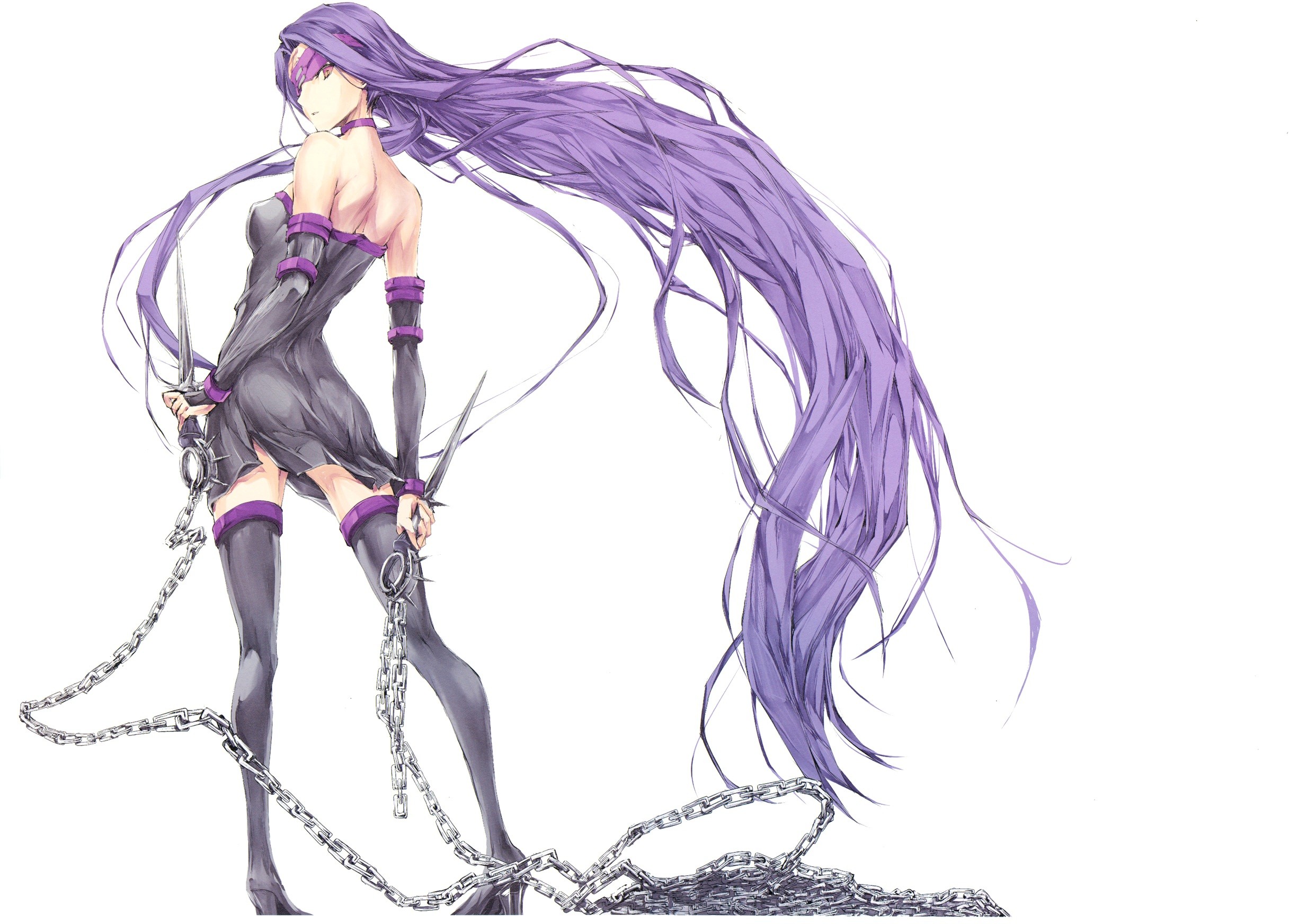 Anime 2450x1744 Fate series anime girls purple hair chains long hair simple background female warrior dagger thighs glutes bare shoulders blindfold looking at viewer fate/stay night: heaven's feel Fate/Stay Night thigh high boots fan art Kizuki Aruchu standing women Rider (Fate/Stay Night)