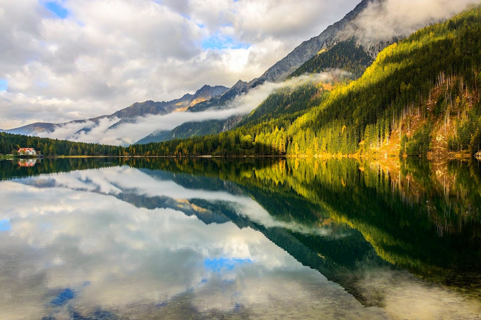 General 1600x1063 mountains forest lake clouds Italy reflection water Alps nature landscape green cabin
