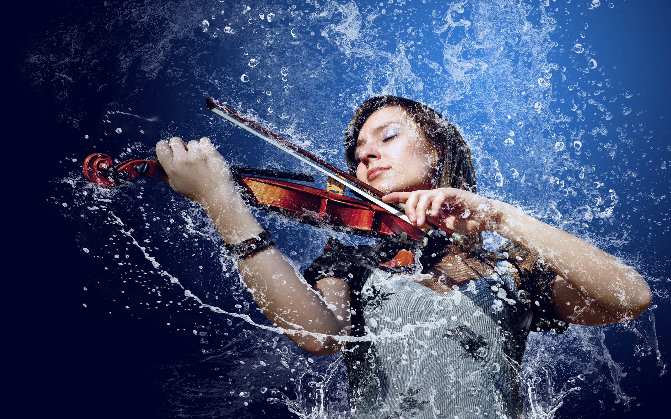 People 2560x1600 violin long hair women blonde musical instrument music blue background water digital art closed eyes