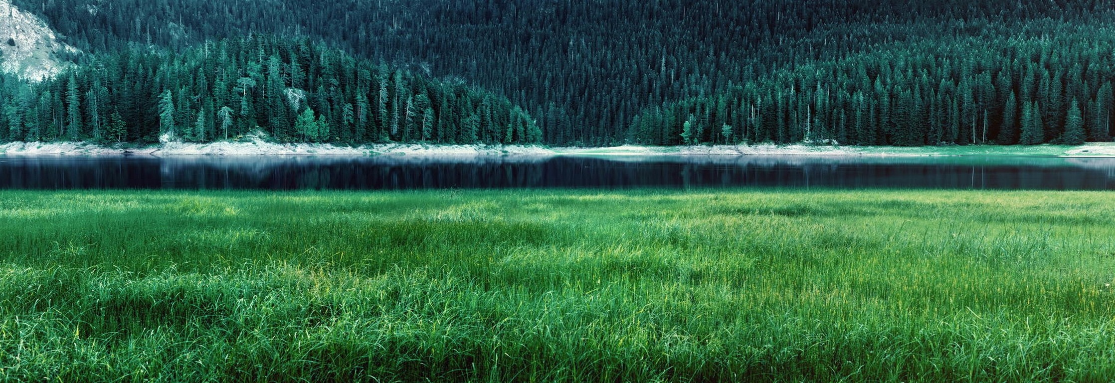 General 2236x768 green lake mountains forest grass spring water panorama trees nature landscape