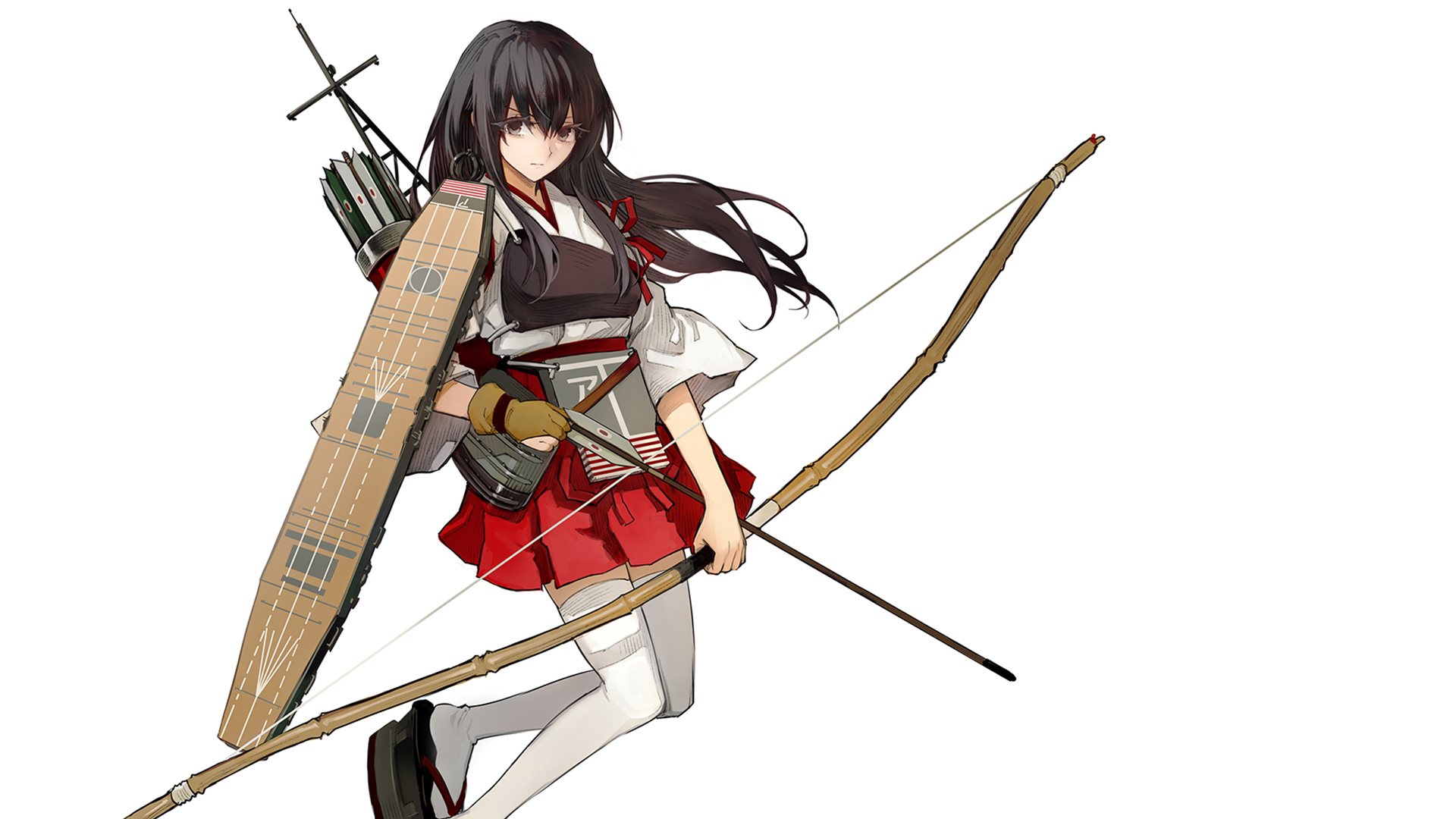 Anime 1920x1080 anime girls weapon bow Kantai Collection archer arrows anime white background simple background fantasy art fantasy girl women dark hair looking at viewer