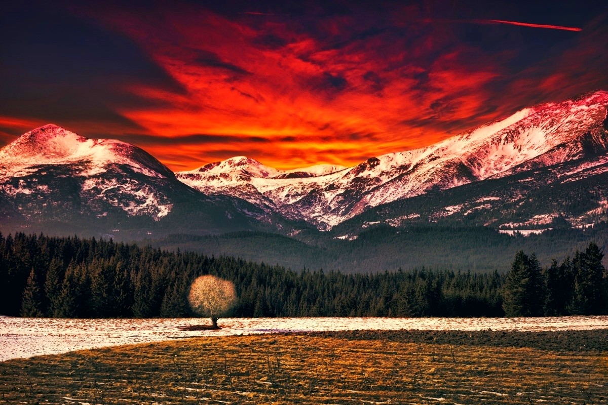 General 1200x800 nature landscape mountains forest field snowy peak red sky clouds trees
