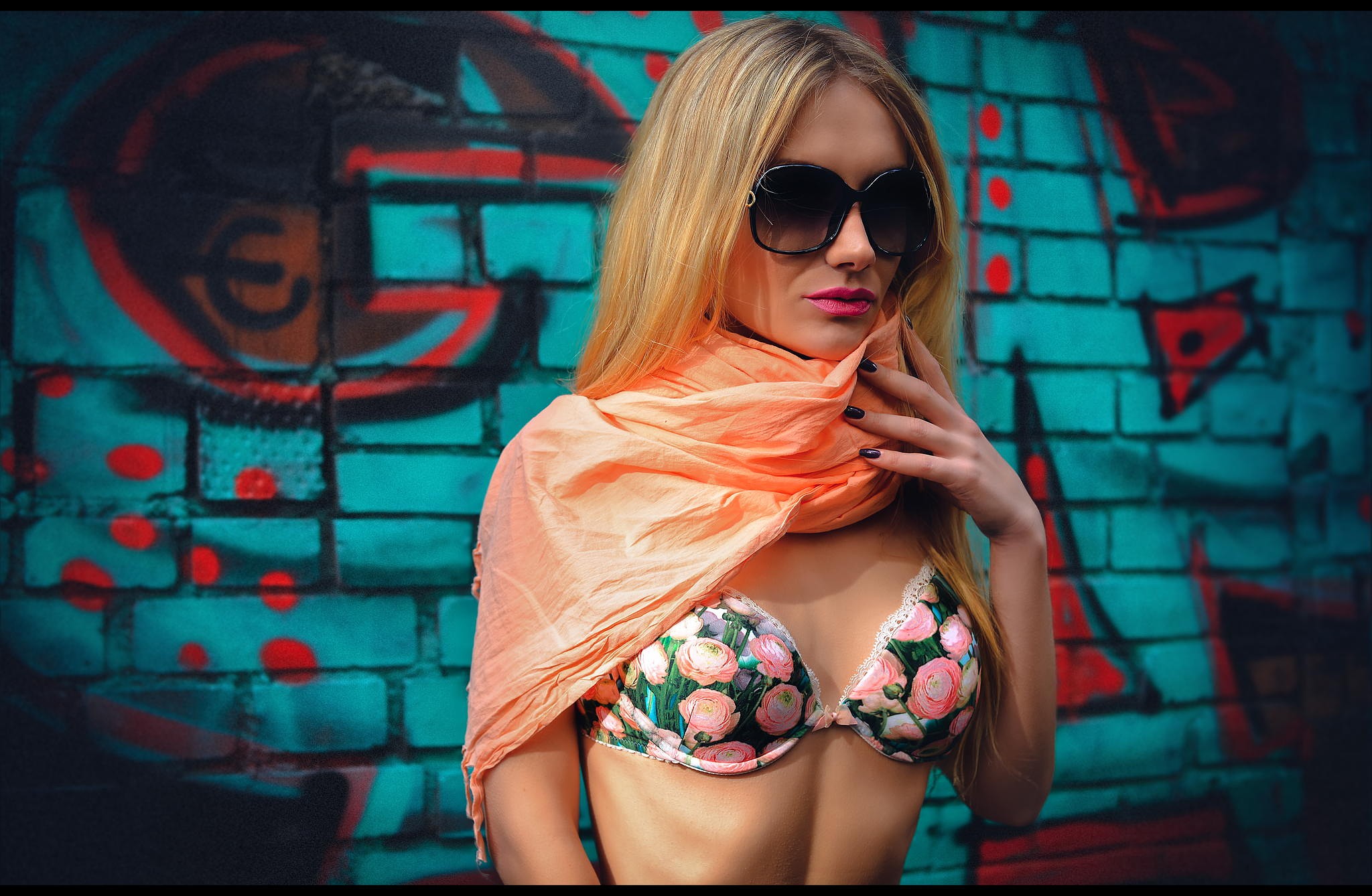 People 2048x1338 women model blonde lingerie scarf colorful women with shades sunglasses bra lipstick painted nails black nails dyed hair wall graffiti Sergey Alexandrov