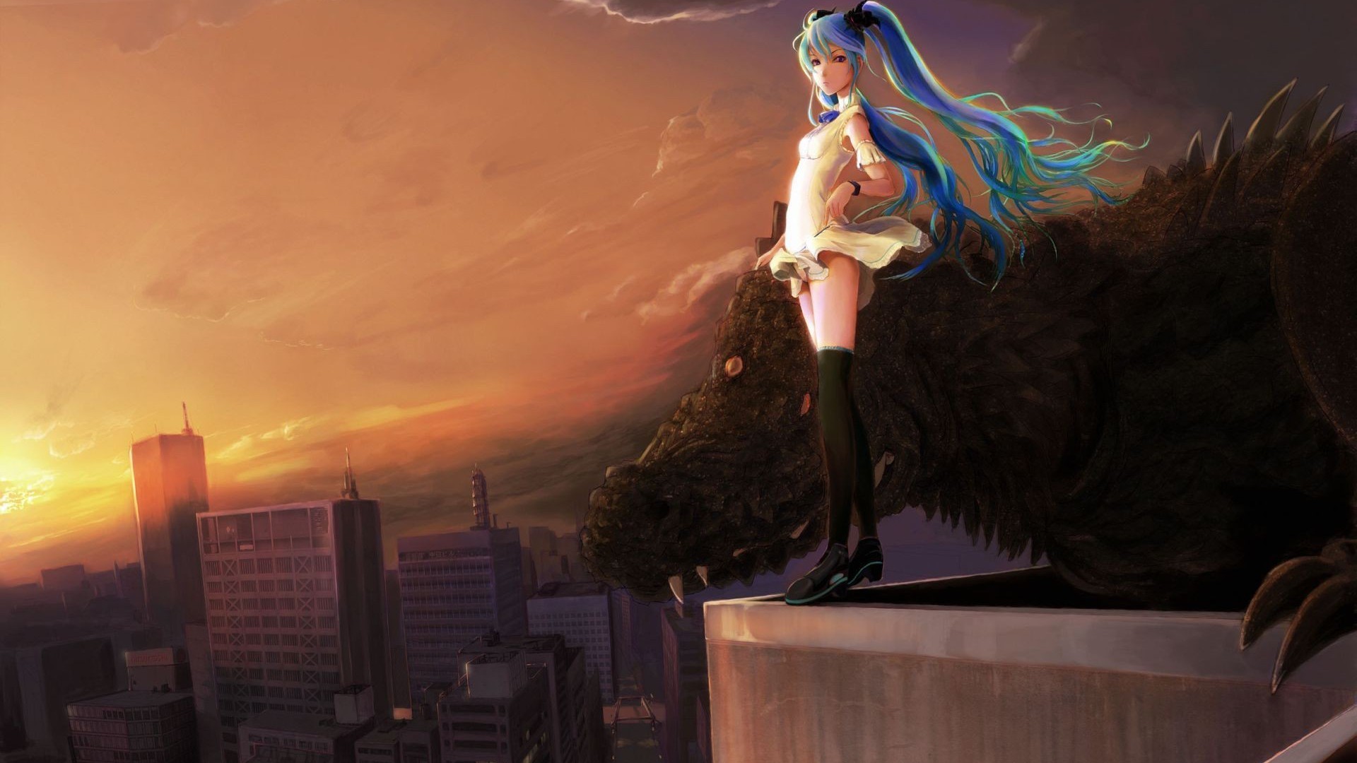 Anime 1920x1080 Hatsune Miku Vocaloid blue hair creature long hair anime girls anime standing cityscape looking at viewer sky sunlight socks black socks  OTK socks shoes