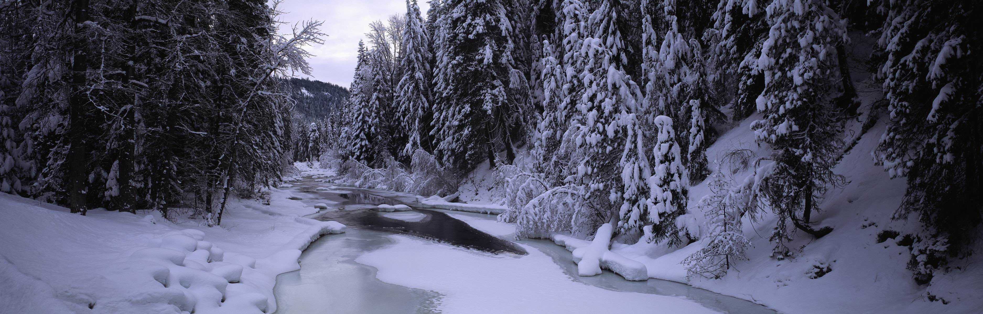 General 3750x1200 landscape ice river snow forest nature