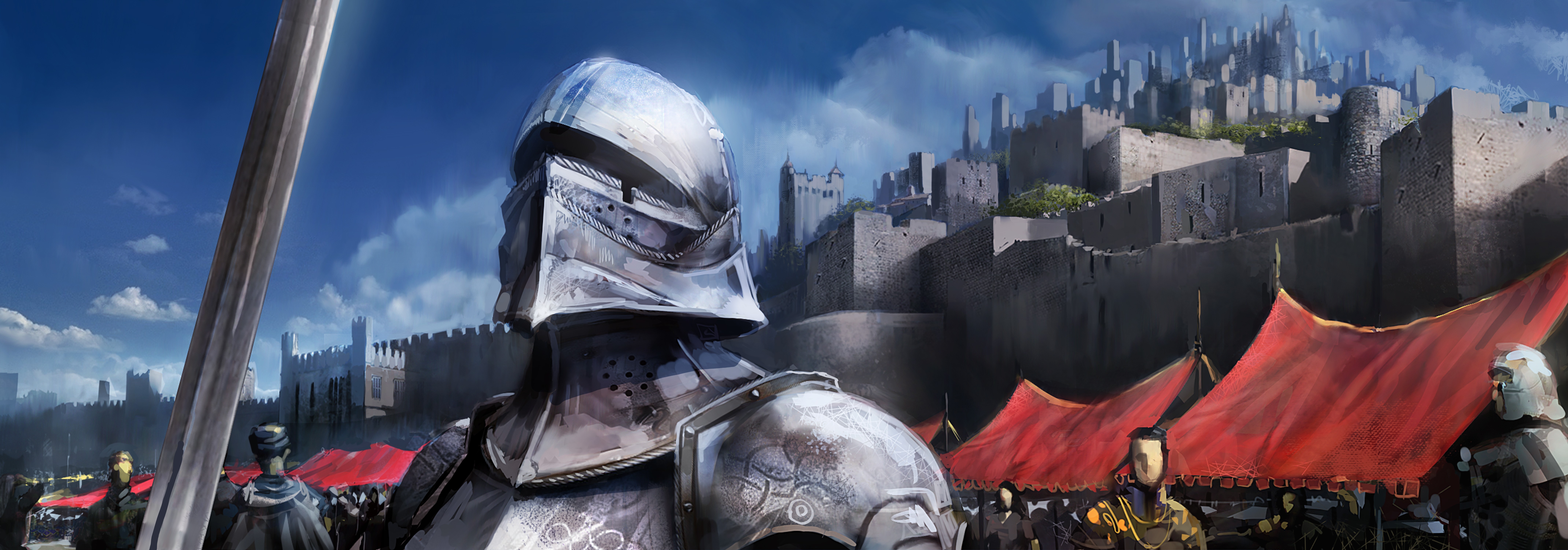 Anime 8558x3000 knight castle guards armor medieval silver shiny fantasy armor fantasy art