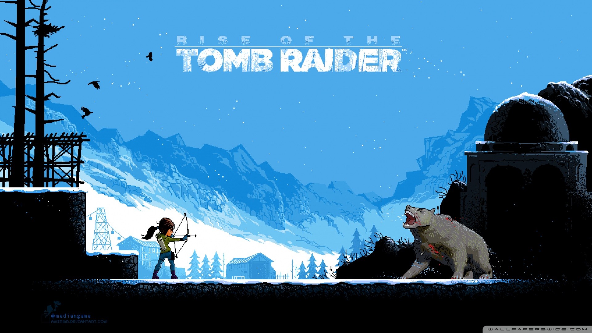 General 1920x1080 Rise of the Tomb Raider pixel art video games cyan video game art polar bears blood DeviantArt Lara Croft (Tomb Raider) video game girls video game characters