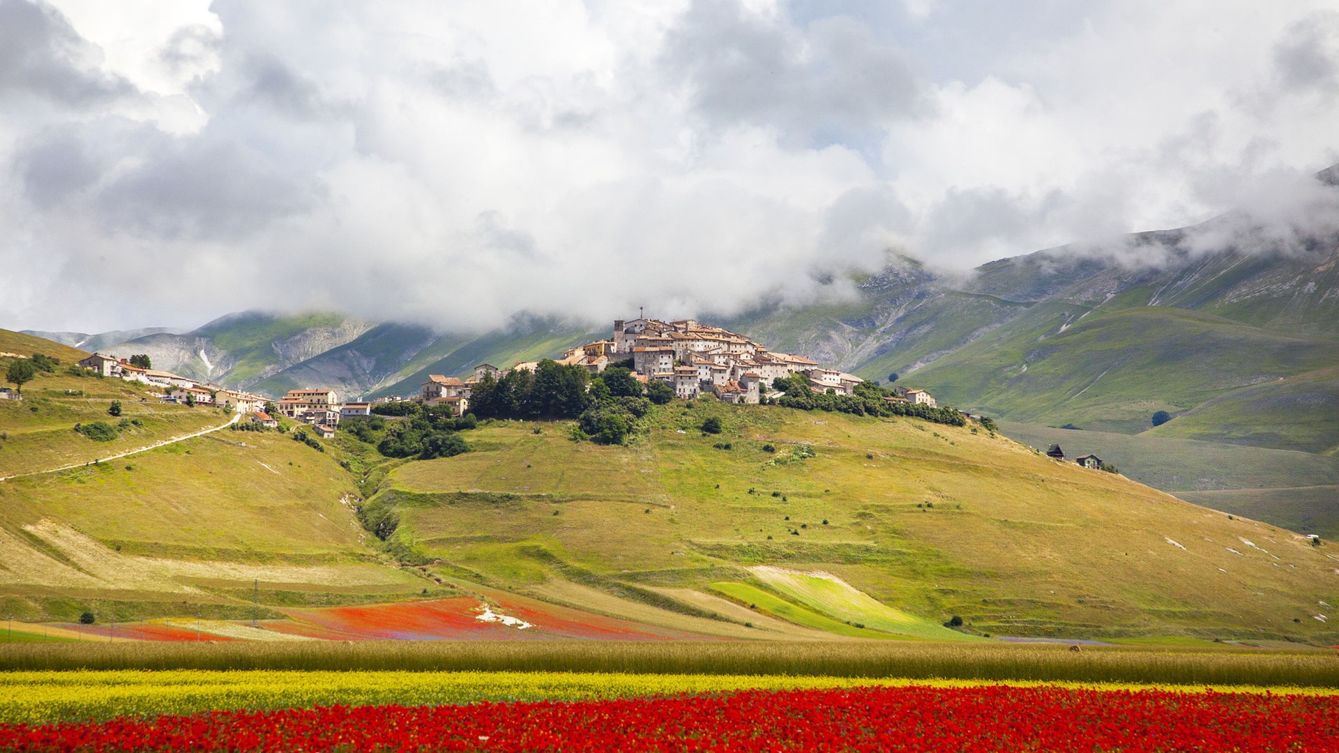 General 1920x1080 landscape nature architecture clouds Italy building house village hills field trees red flowers mountains mist
