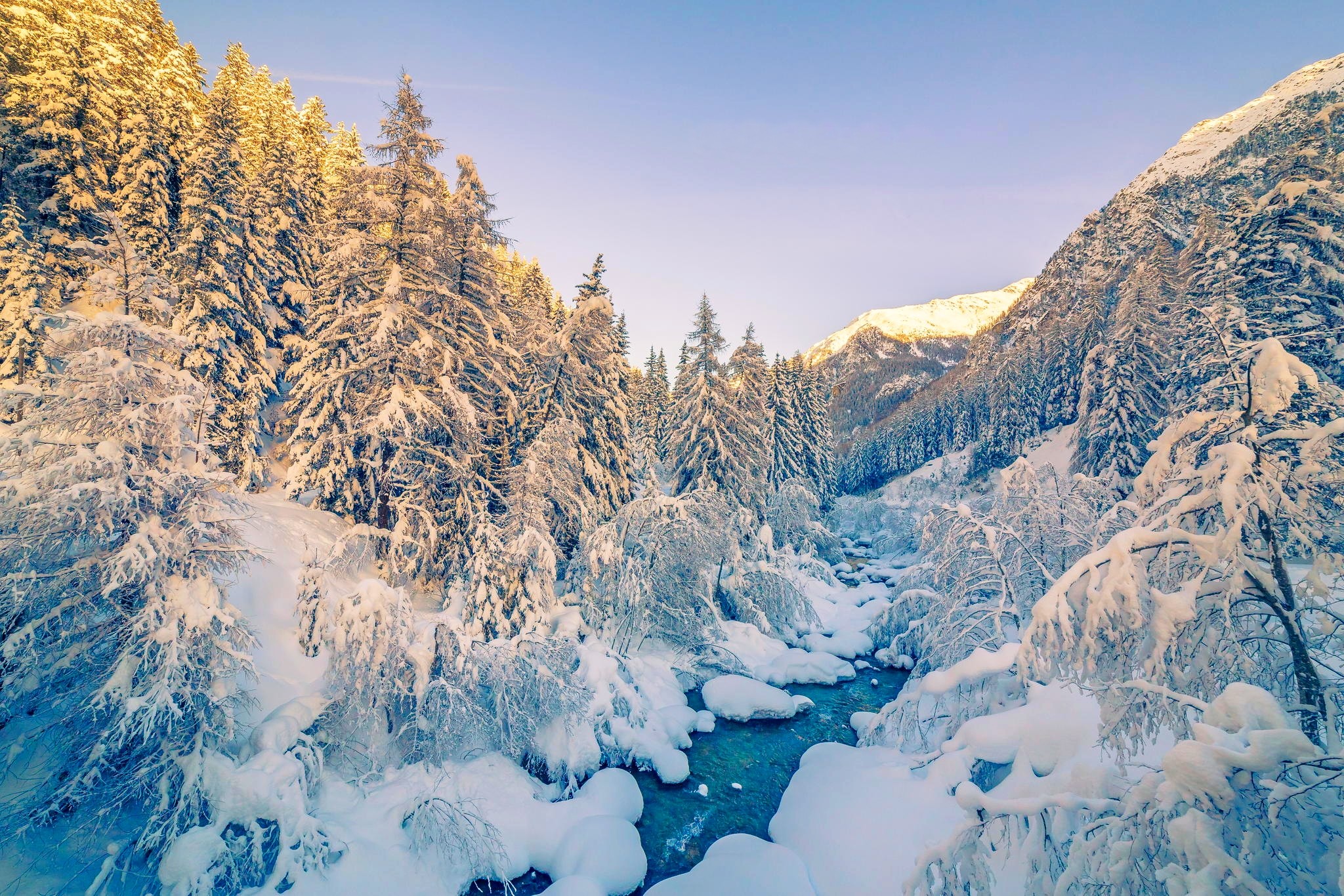 General 2048x1366 Alps winter mountains forest snow river white landscape nature