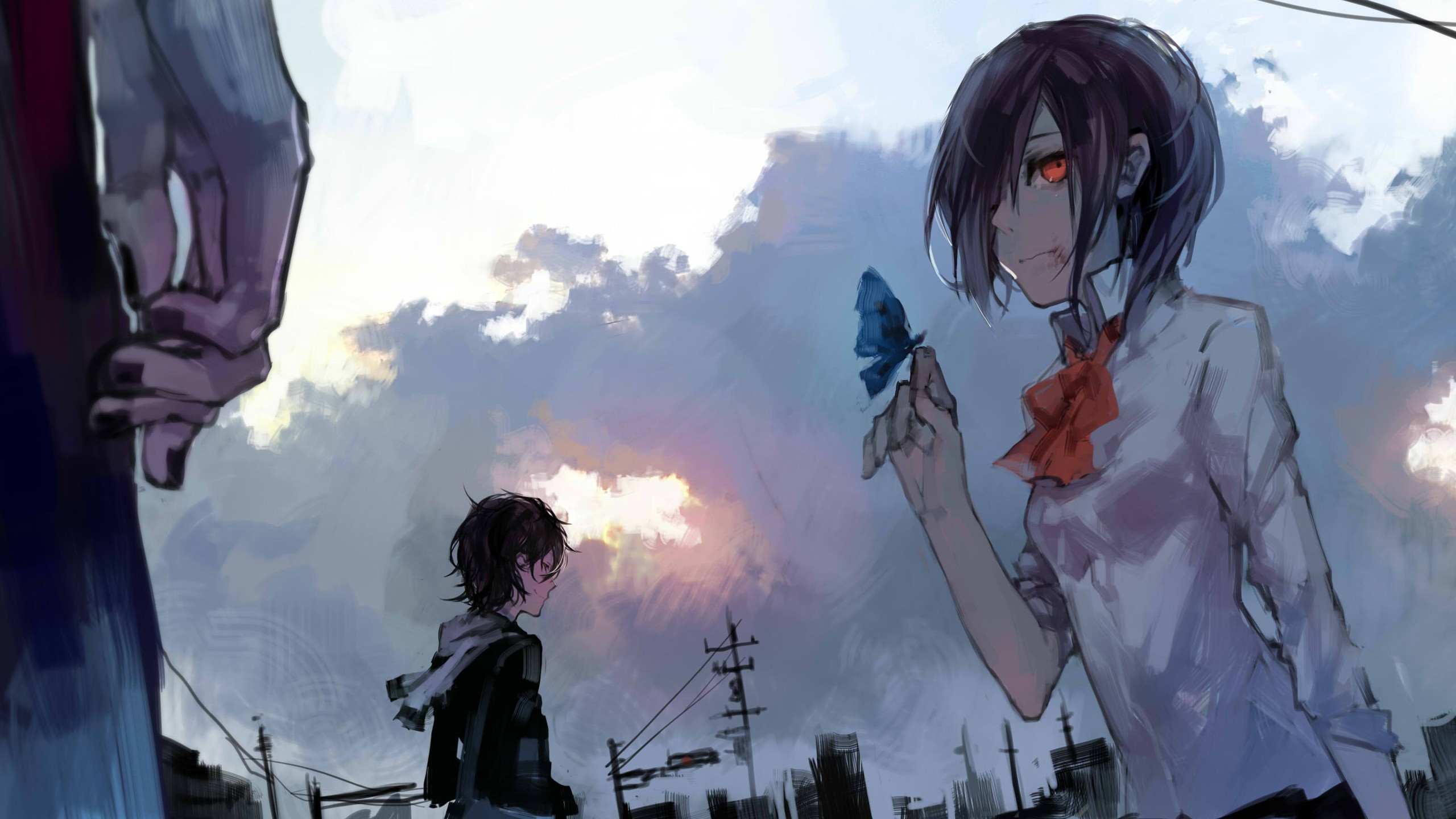 Anime 2560x1440 anime girls Tokyo Ghoul Kirishima Touka anime hair in face butterfly animals insect sky red eyes