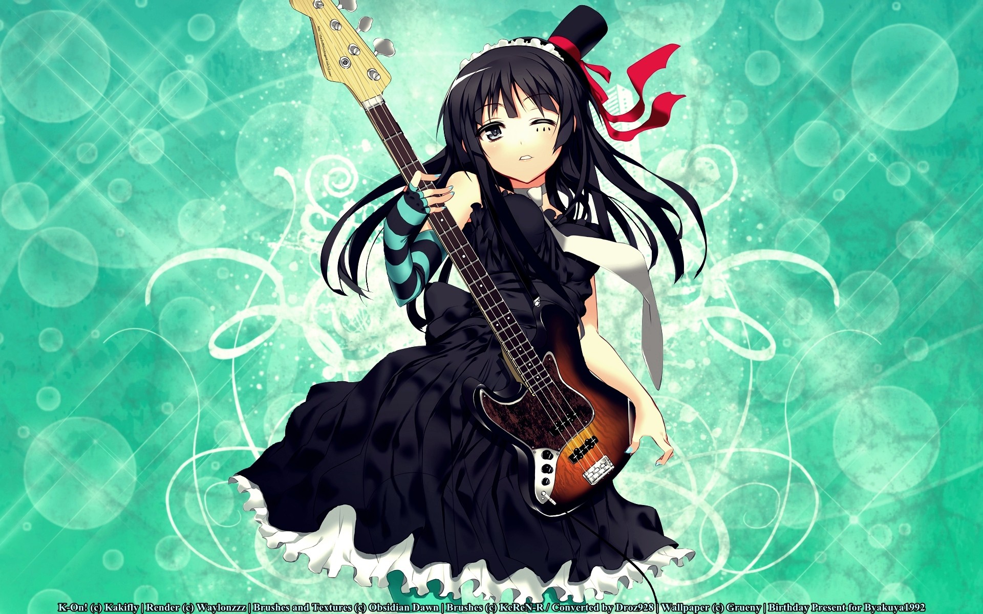 Anime 1920x1200 anime anime girls K-ON! Don't Say Lazy Akiyama Mio guitar musical instrument dress black dress hat women with hats dark hair one eye closed bass guitars