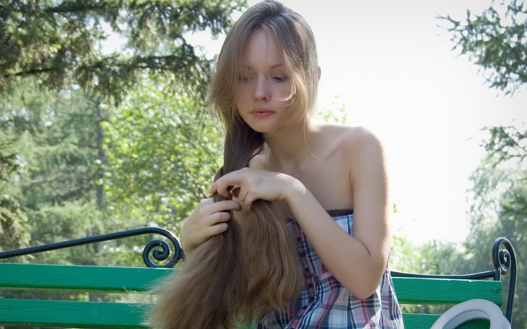 People 1744x1090 women model bare shoulders long hair bench women outdoors outdoors looking away