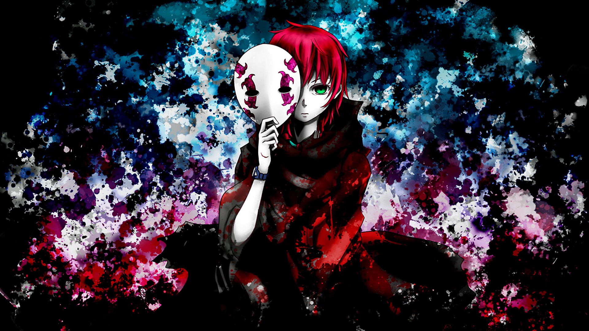 Anime 1920x1080 anime mask redhead anime girls green eyes Azami Midō looking at viewer frown Deadman Wonderland one eye obstructed